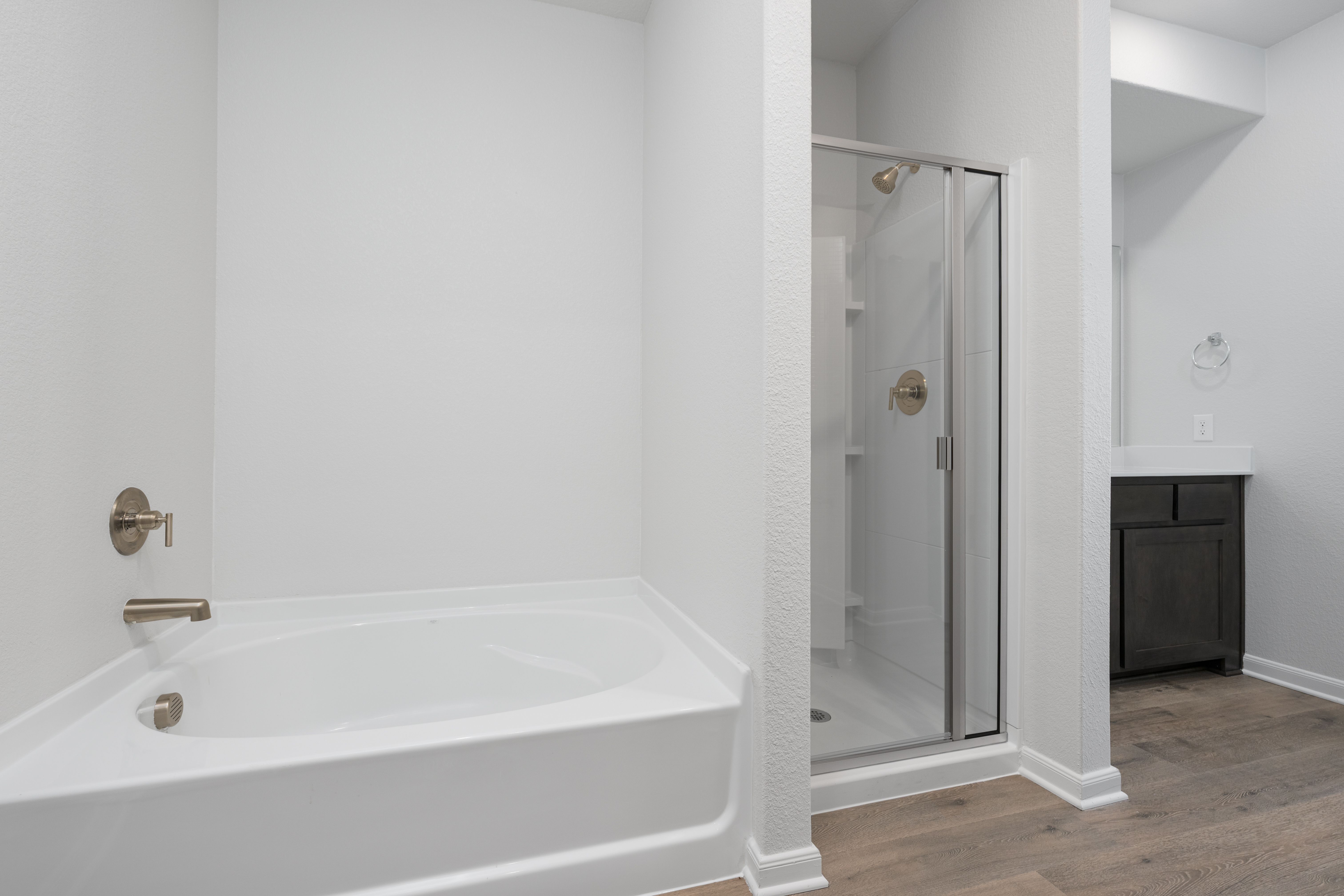 The master bathroom has a glass, walk-in shower and a garden tub.