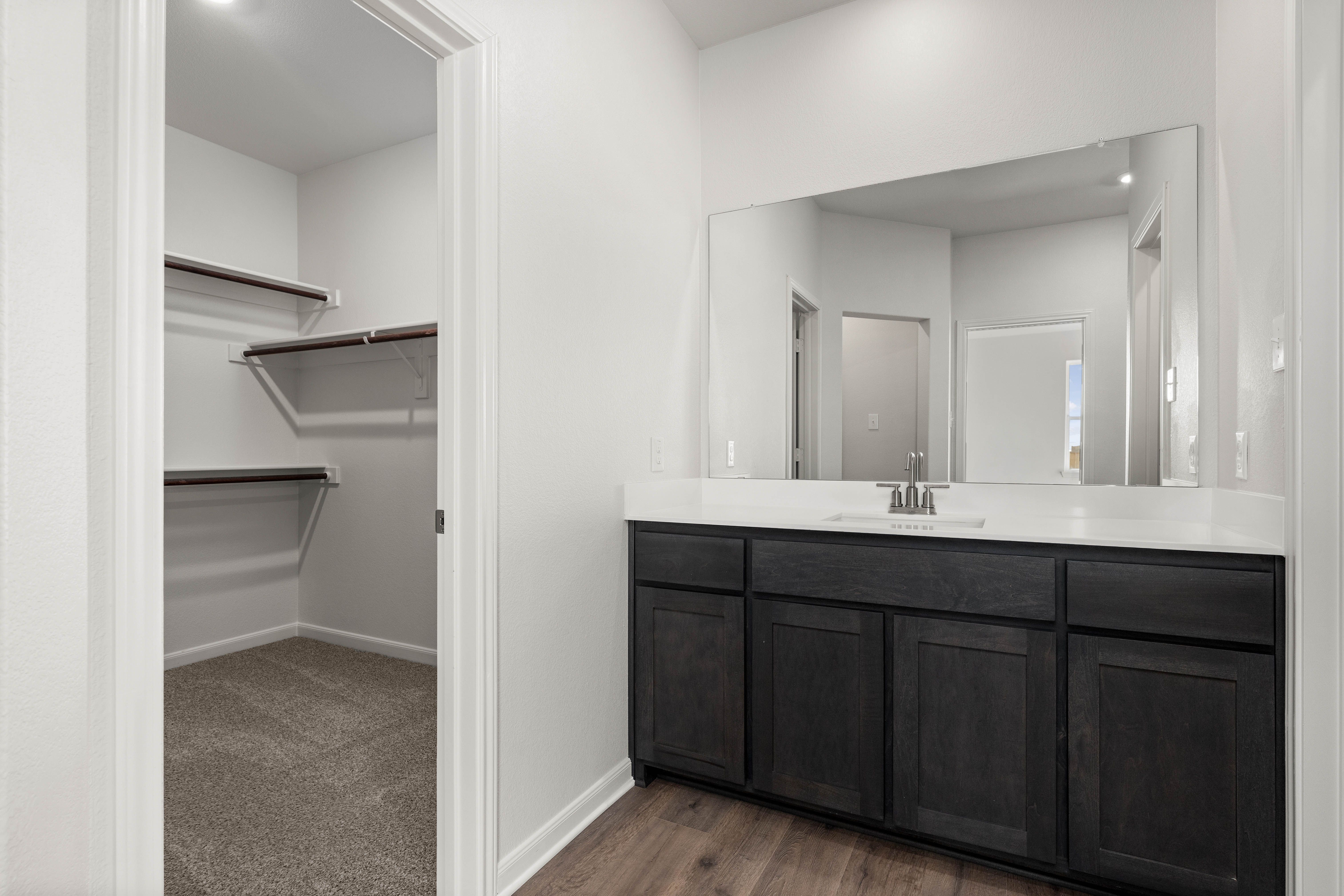 The master bathroom has a large vanity.