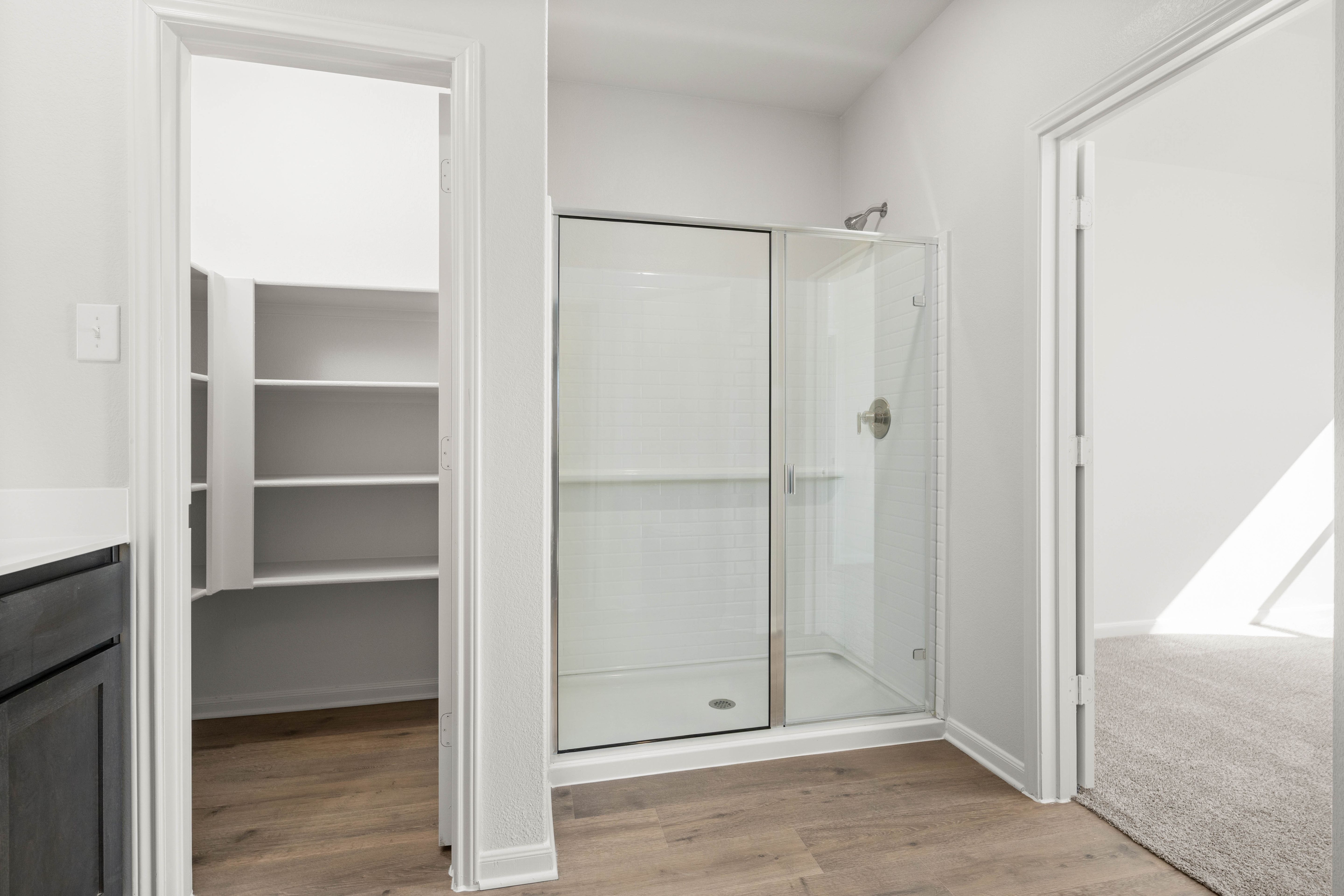The master bathroom has a glass, walk-in shower.