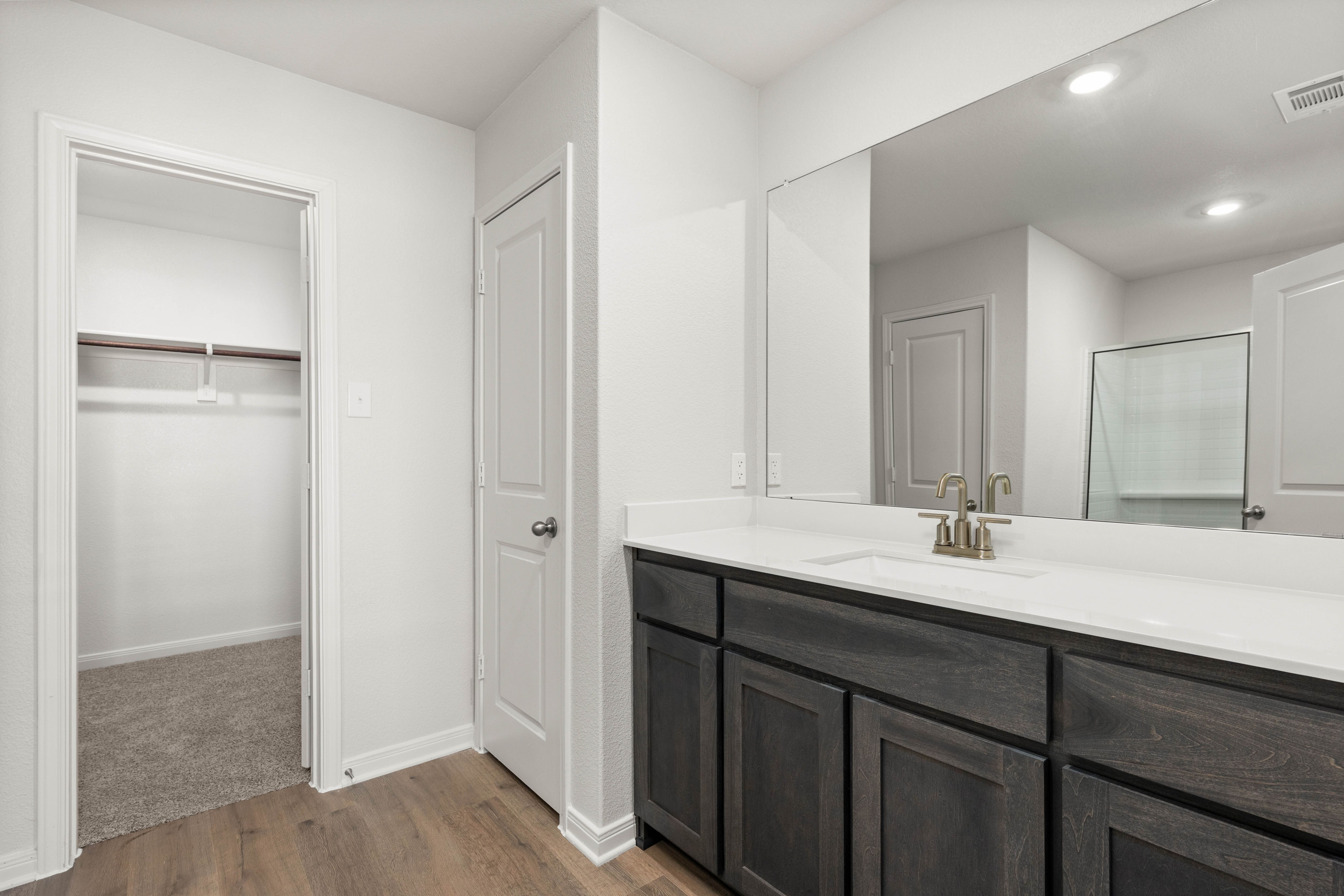 The master bathroom has a spacious vanity.