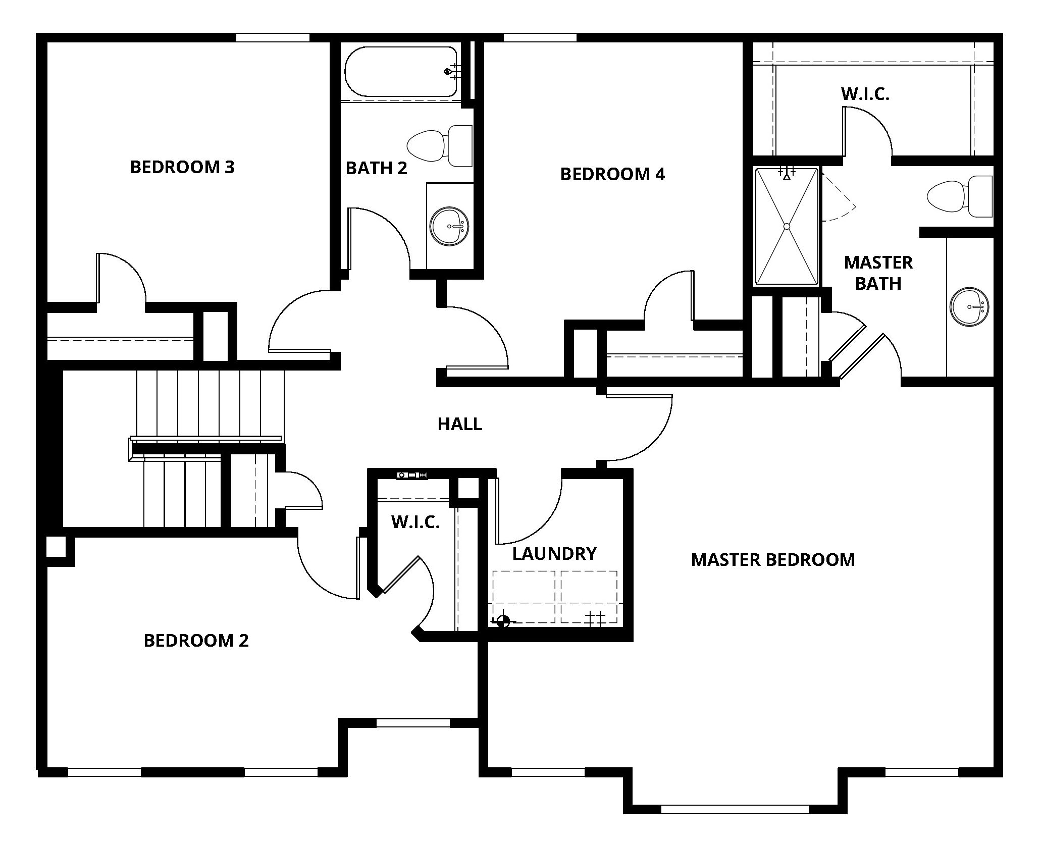 The second floor of the Chatuge floor plan has four bedrooms, two full bathrooms, and a laundry room.