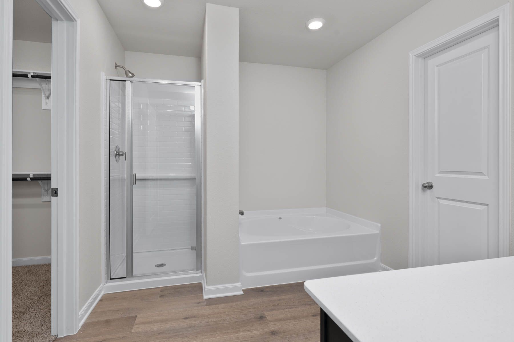 The master bathroom has a large walk-in shower and a garden tub.