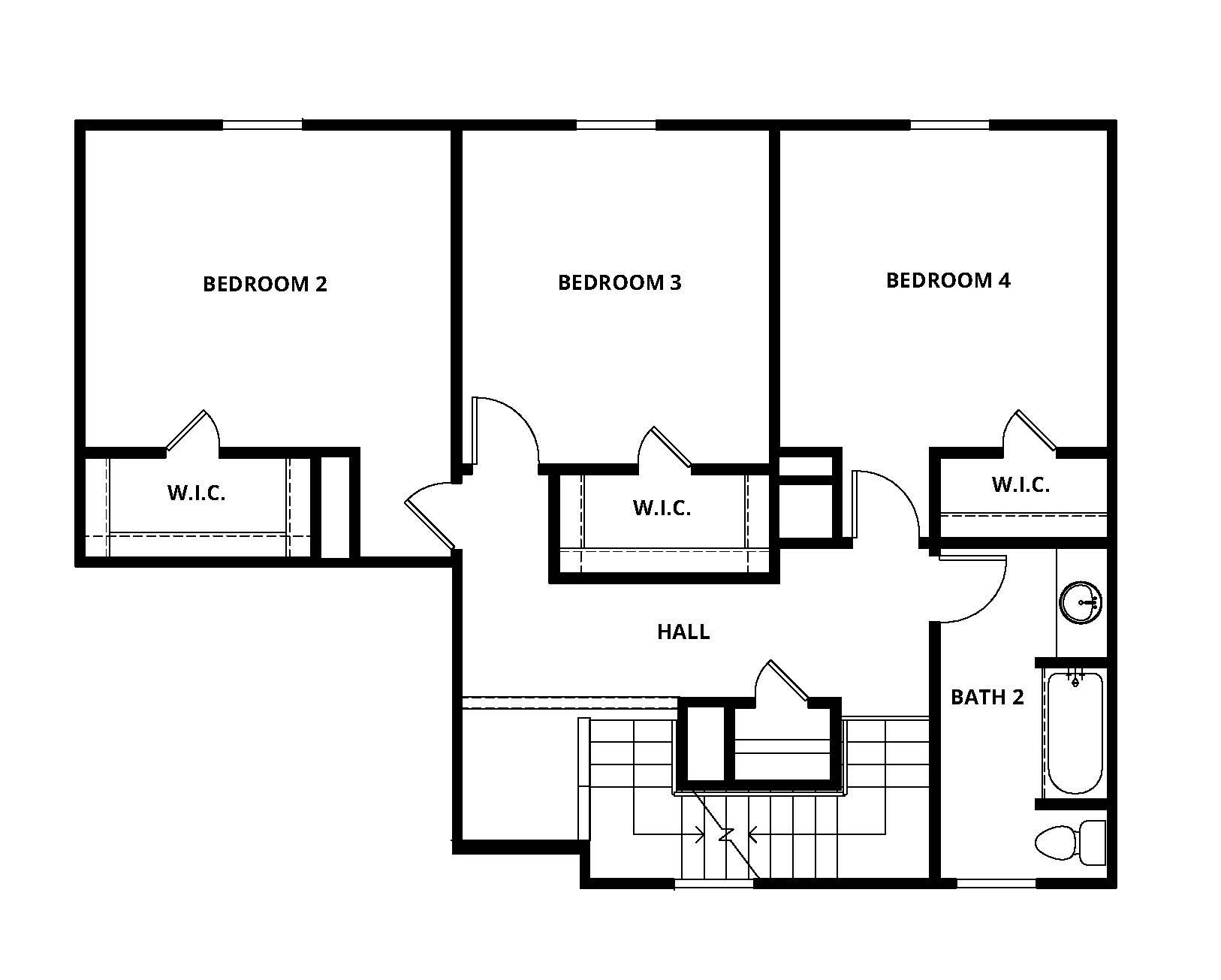 Second story layout of the Cypress plan that showcases three bedrooms and a full bath.