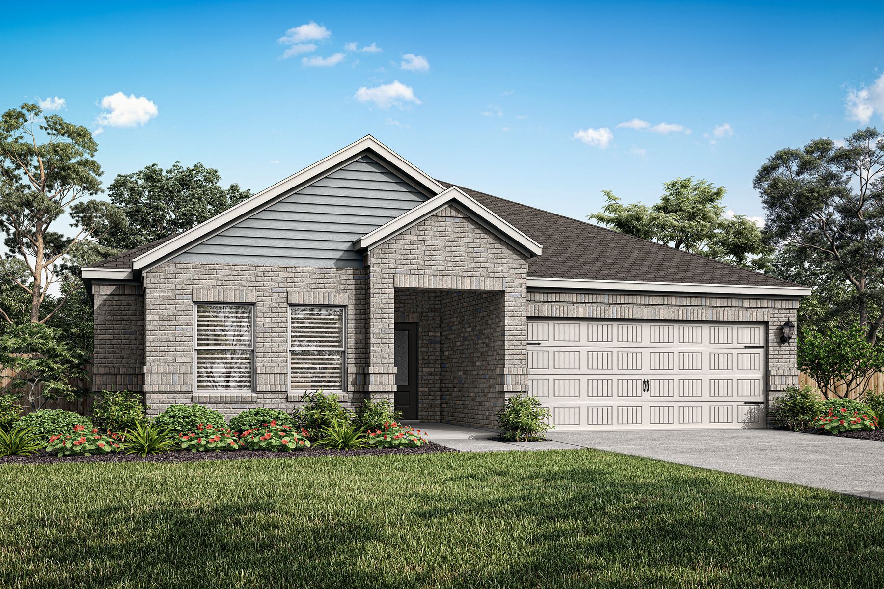 The Elder is a beautiful one-story home with a brick exterior.
