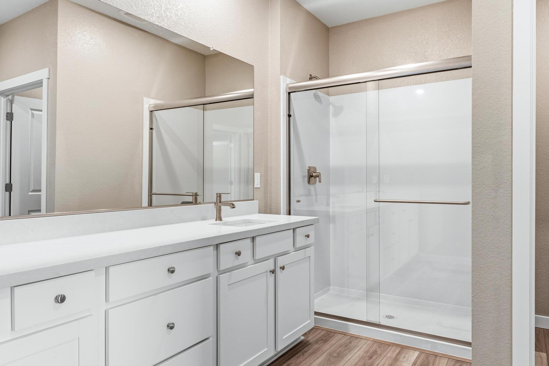 The master bathroom has a large vanity with a step in shower.