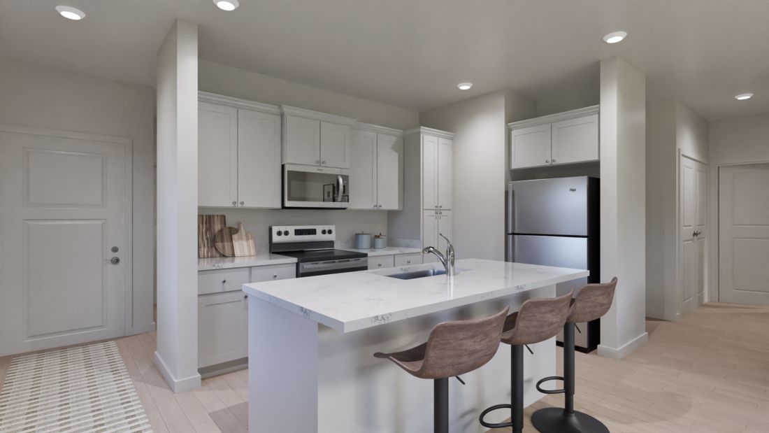 The kitchen appliances come included in this home.
