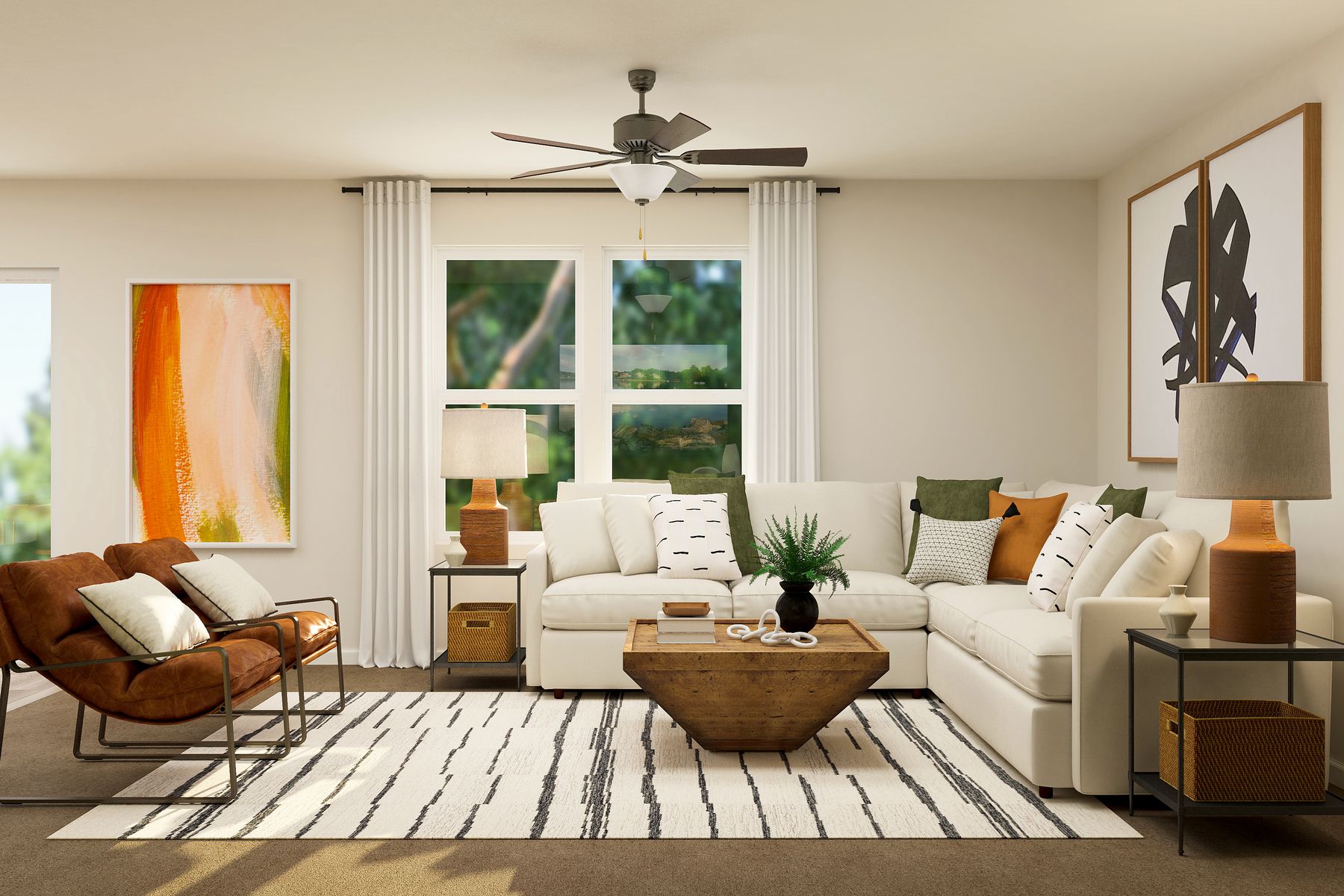 Rendering of a   living room furnished with a white sectional couch across from two side   chairs. 