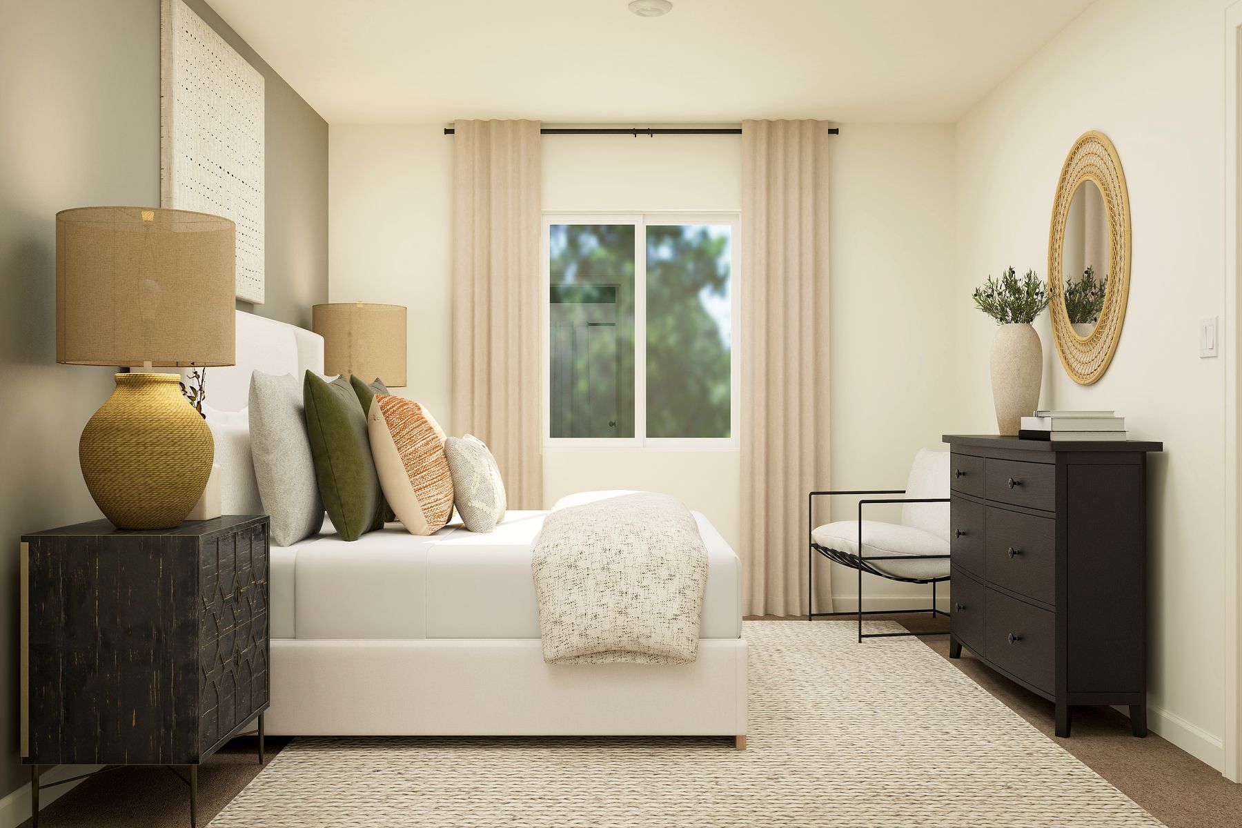 Rendering of a   master bedroom furnished with a large white bed and bedside tables. There is   also a dark dresser across from the bed next to a decorative chair.