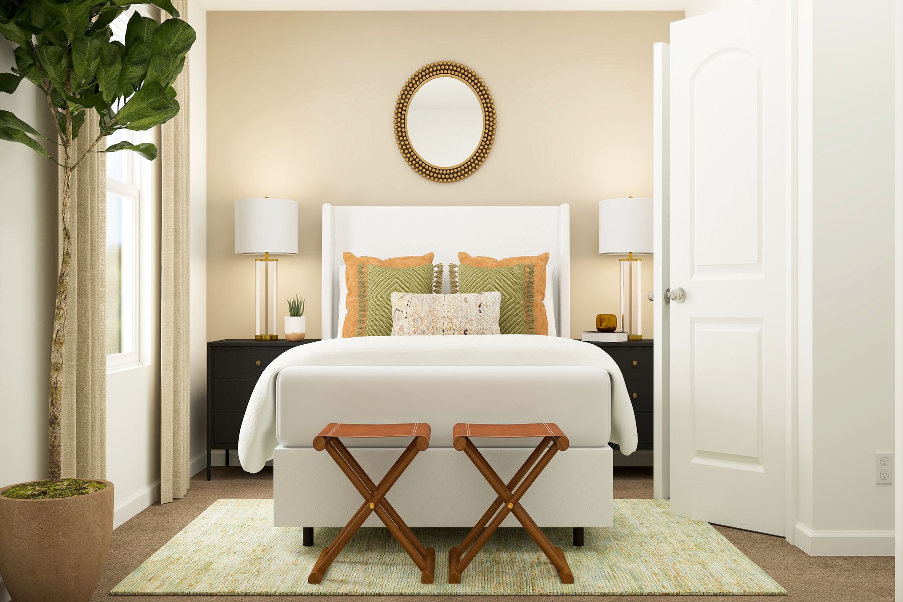 Rendering of the secondary bedroom   featuring stylish furniture along a neutral accent wall and carpet flooring   throughout. 