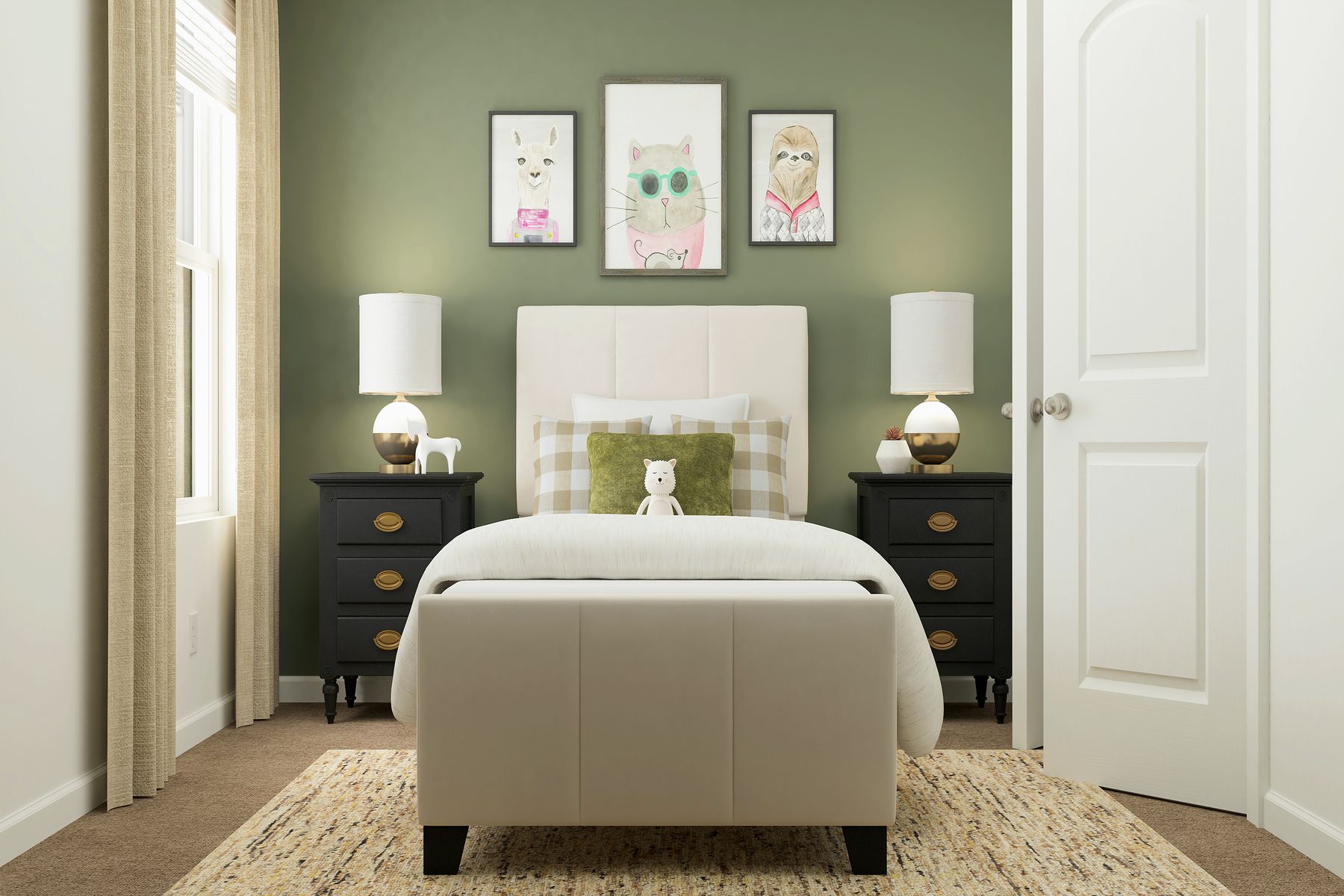 Rendering of the secondary bedroom   featuring stylish furniture along a neutral accent wall and carpet flooring   throughout. 