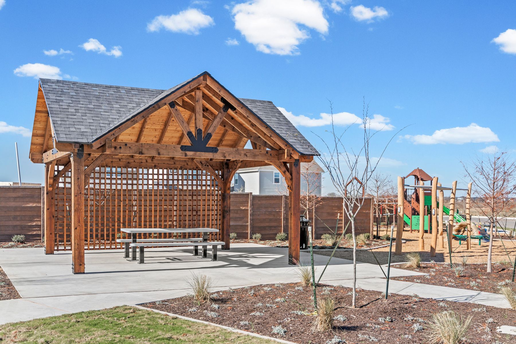 The shaded gazebo offers a place for parents to relax.