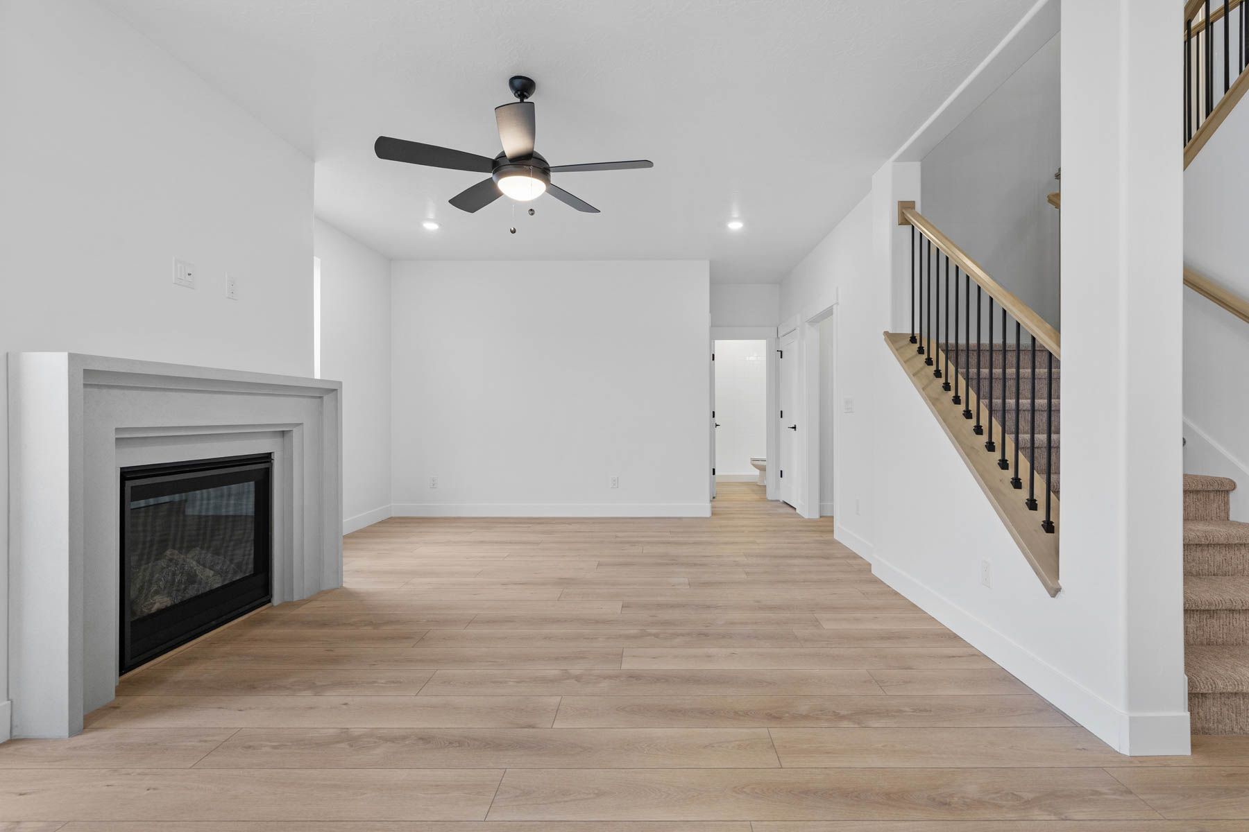 The family room has a fireplace.