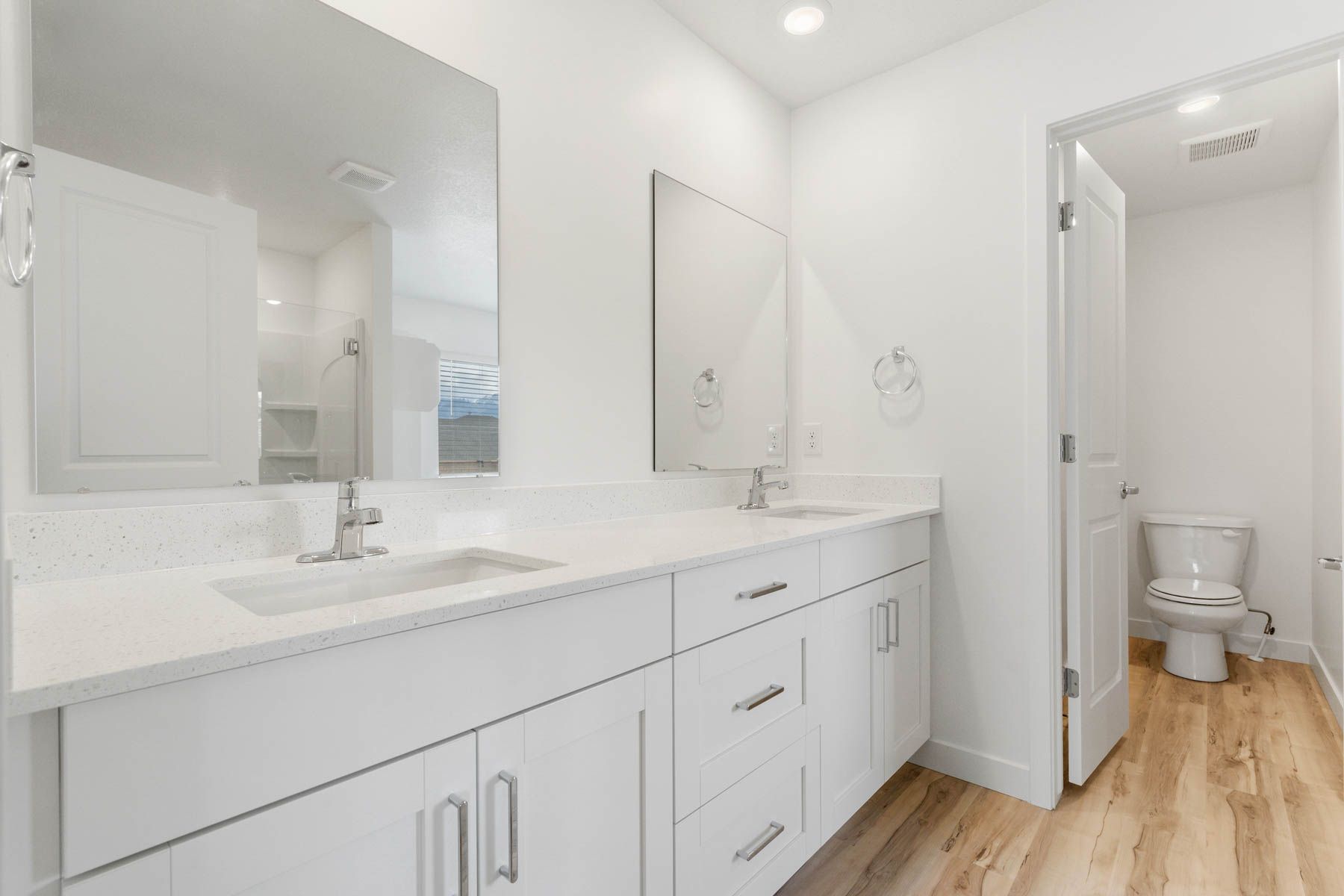 The master bathroom has a sprawling dual-sink vanity and private toilet room.