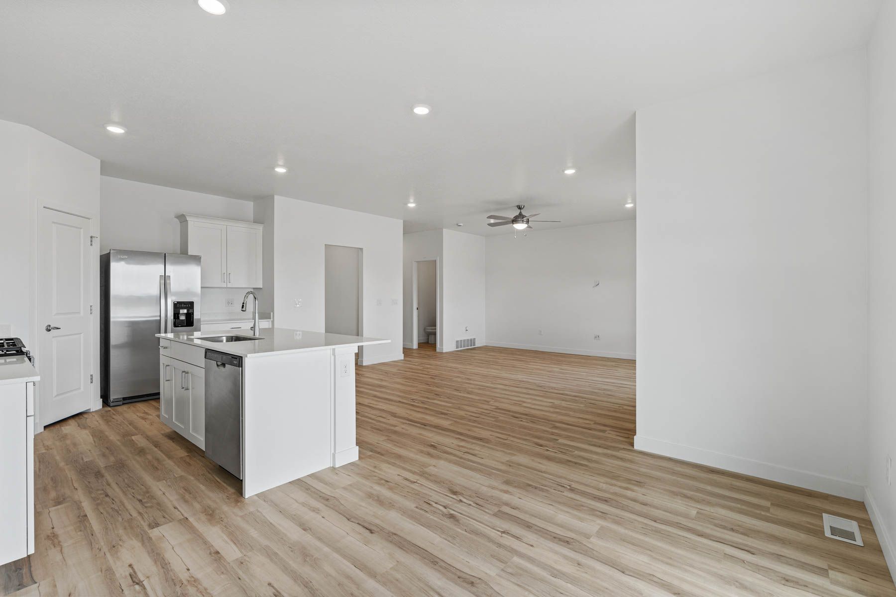 The family room sits off of the kitchen and dining room.