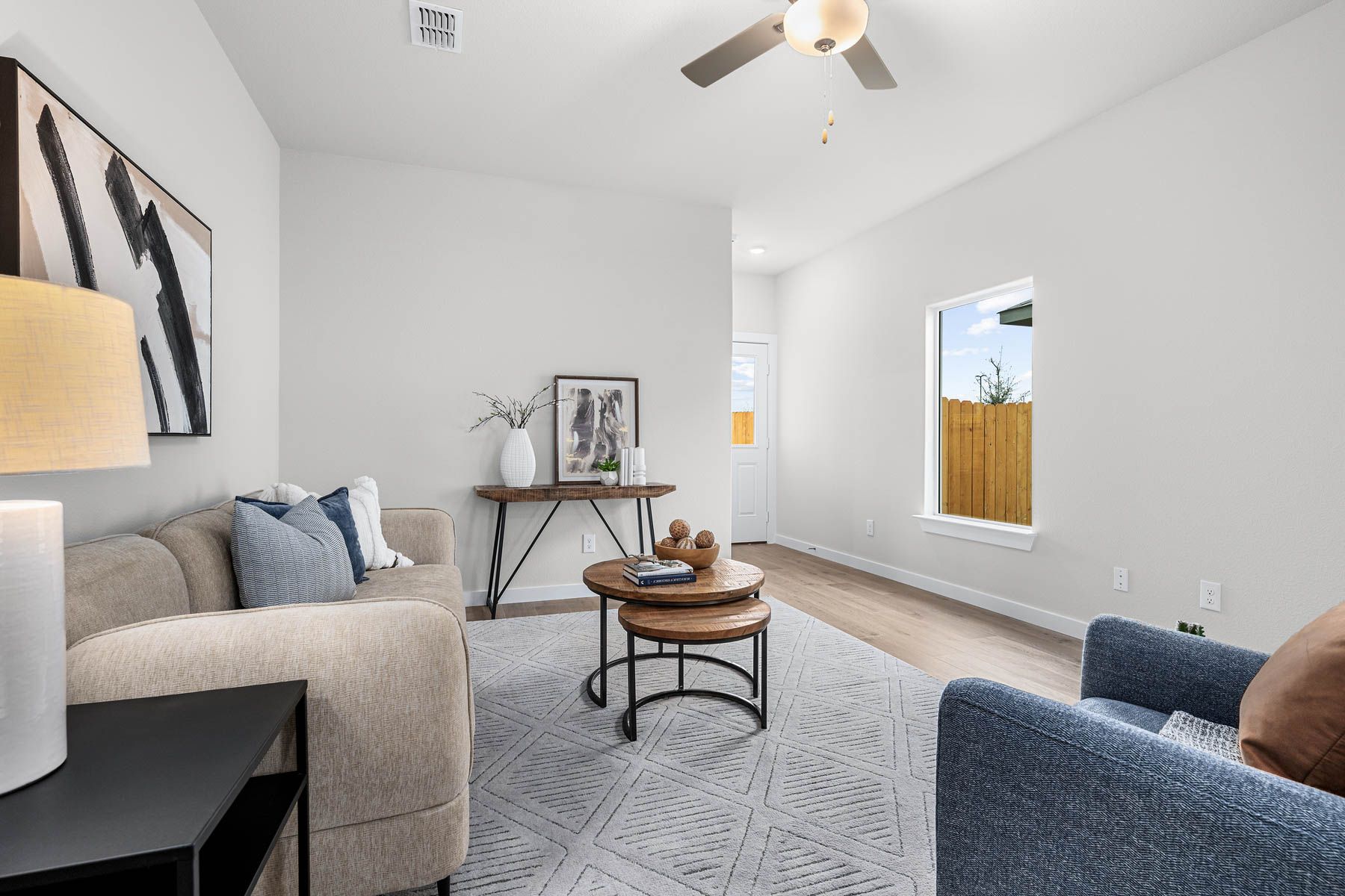 The front foyer leads right into the open living spaces. 