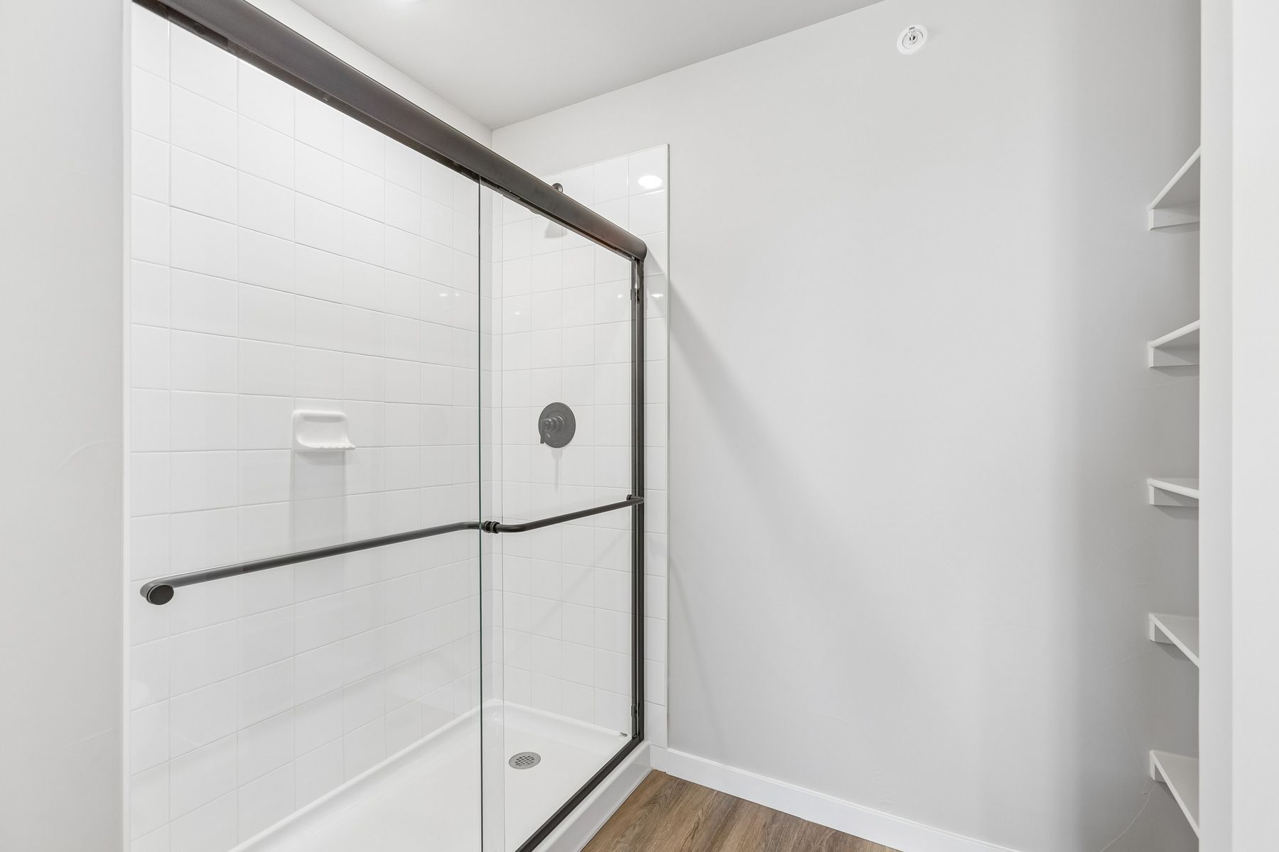 The master bathroom has a large vanity with a step in shower.
