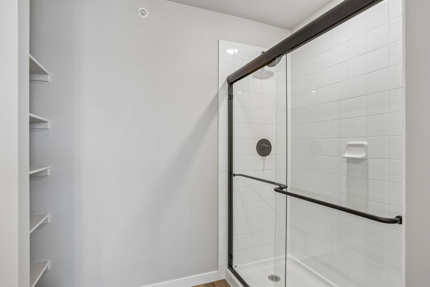 The master bathroom has a large vanity with a step in shower.