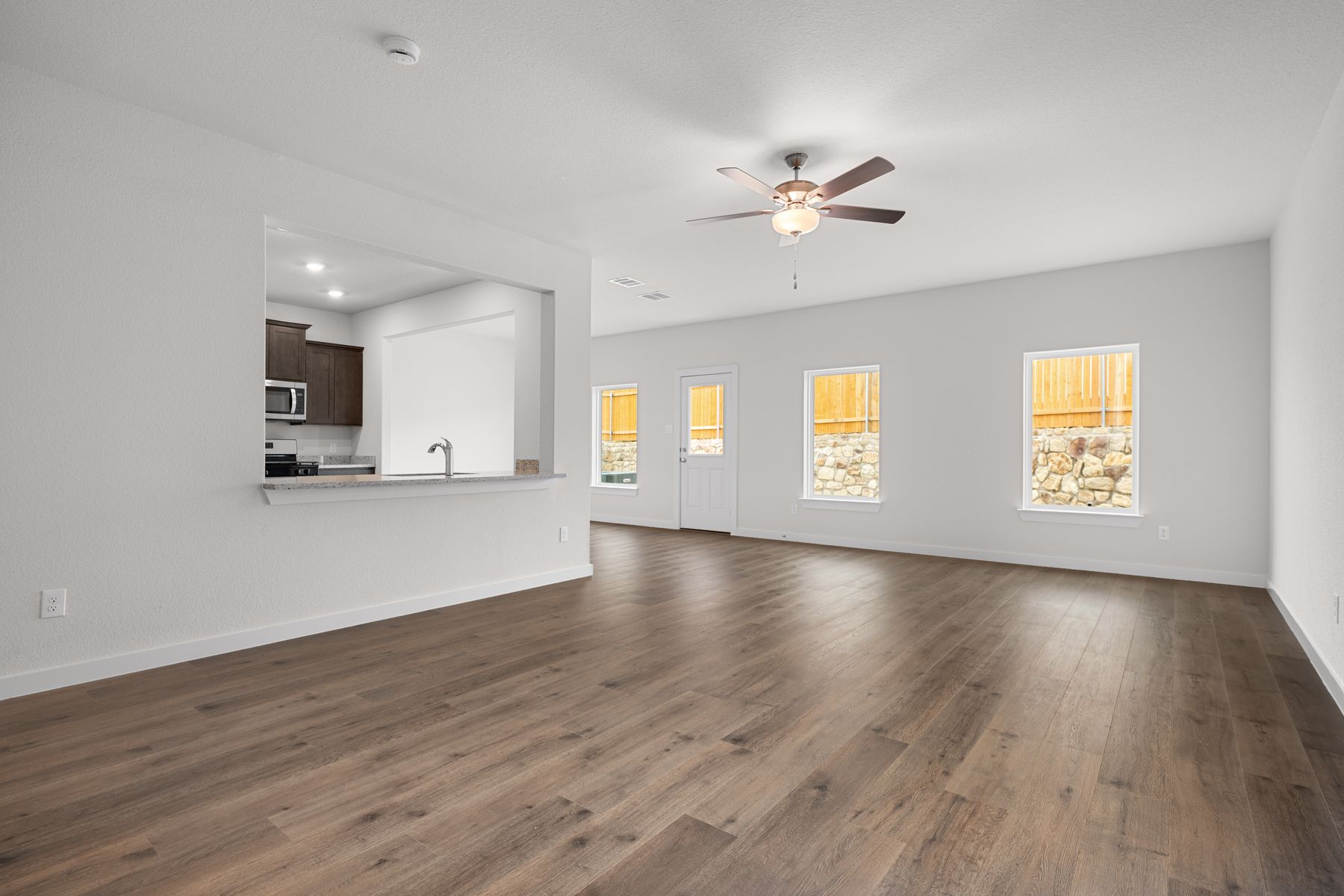The floor plan is an open-concept layout.