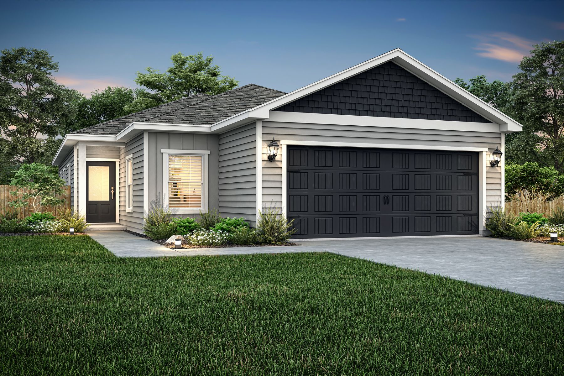 Rendering of a beautiful home with a siding exterior during sunset.