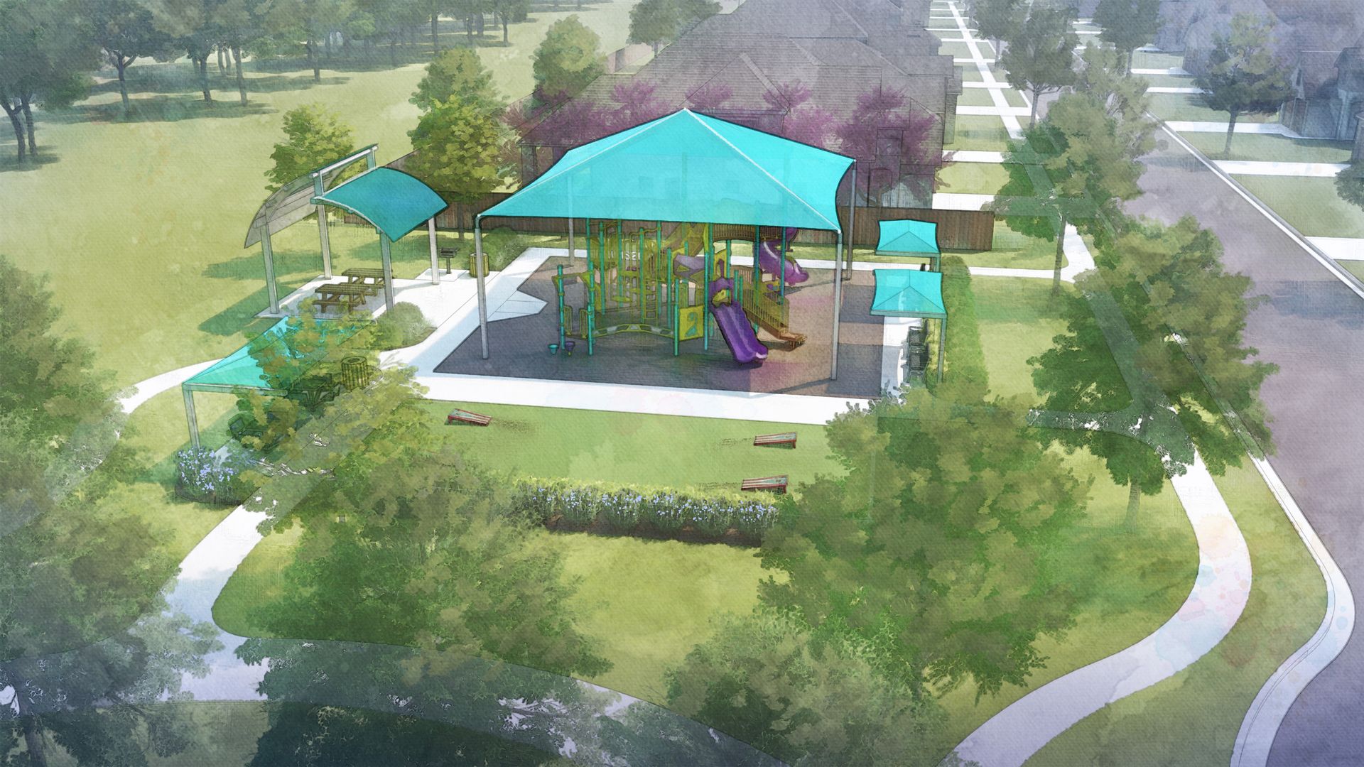 Rendering of the park with a shaded children's playground, shaded picnic tables, and a community pond. 