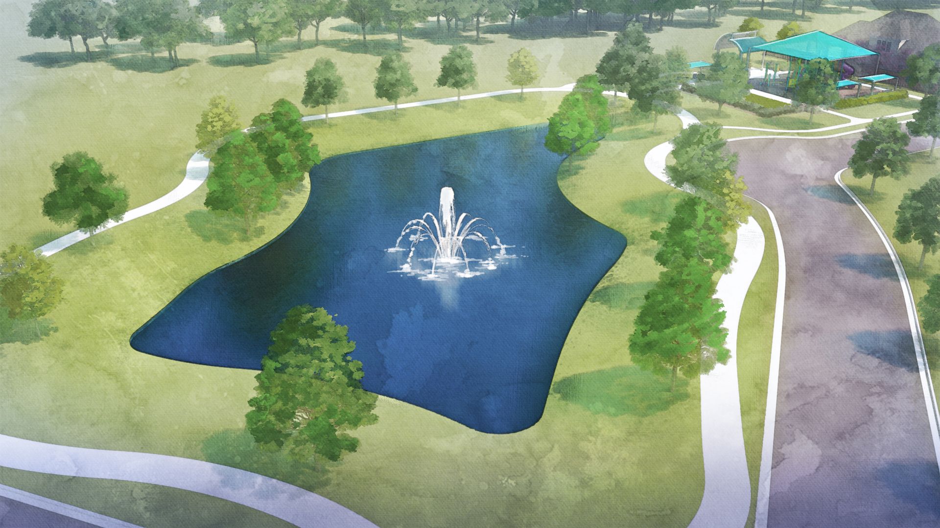 Rendering of the park with a shaded children's playground, shaded picnic tables, and a community pond. 
