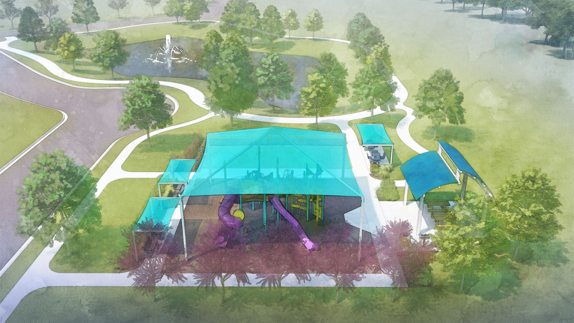 Rendering of the park with a shaded children's playground, shaded picnic tables, and a community pond. 
