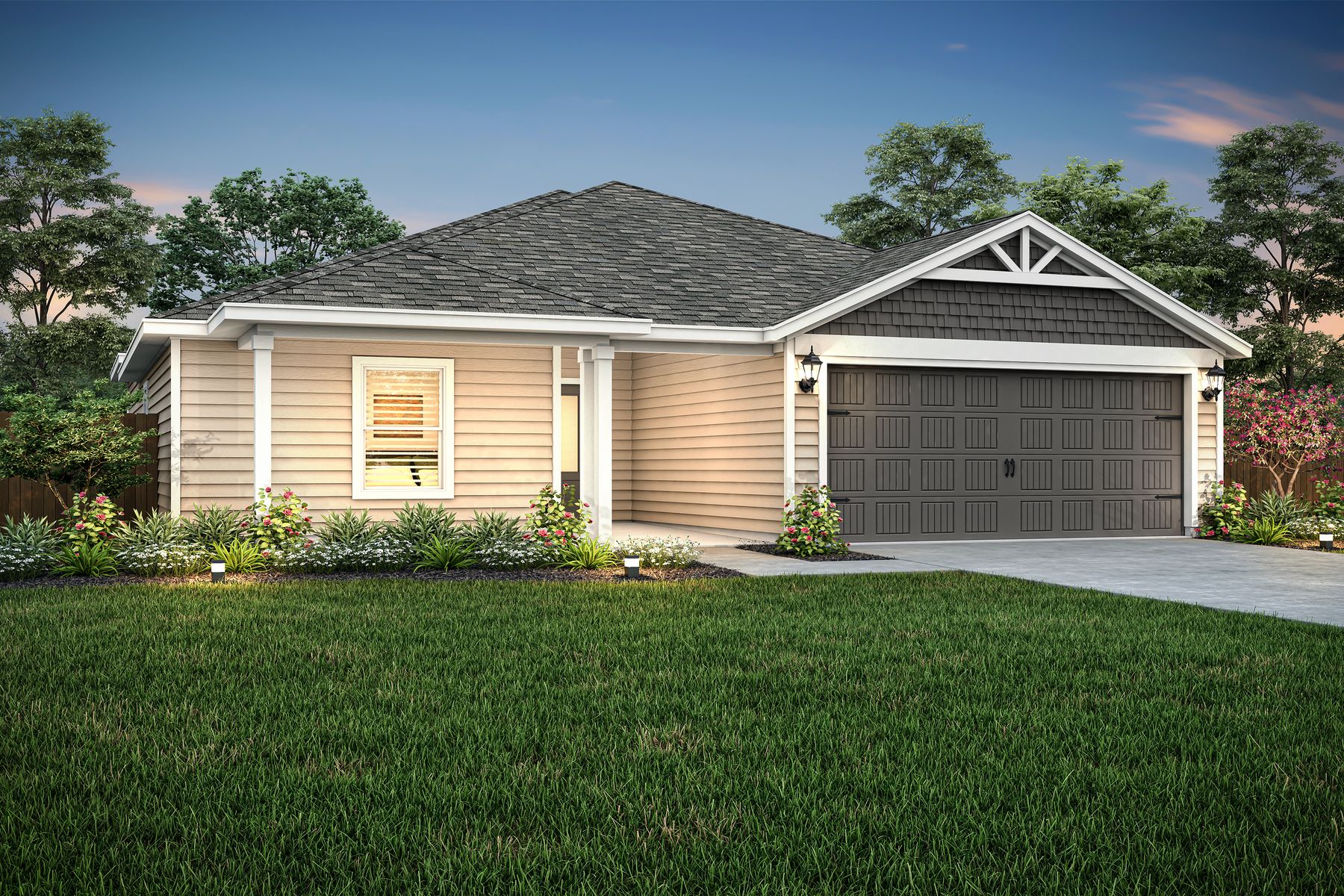 Exterior rendering of the beautiful one-story Collin floor plan with a siding exterior.