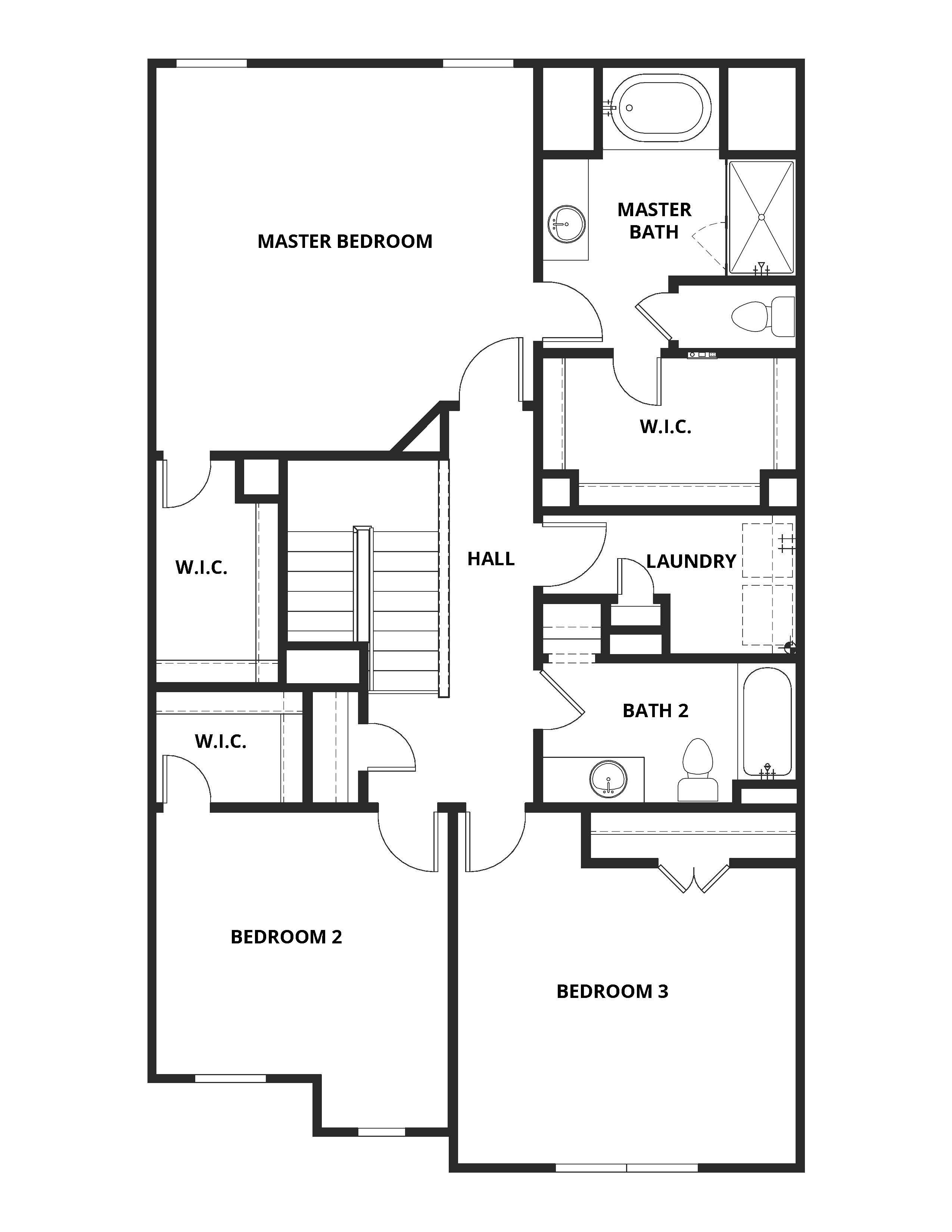 The second floor of the Jade has three bedrooms and two full bathrooms. 