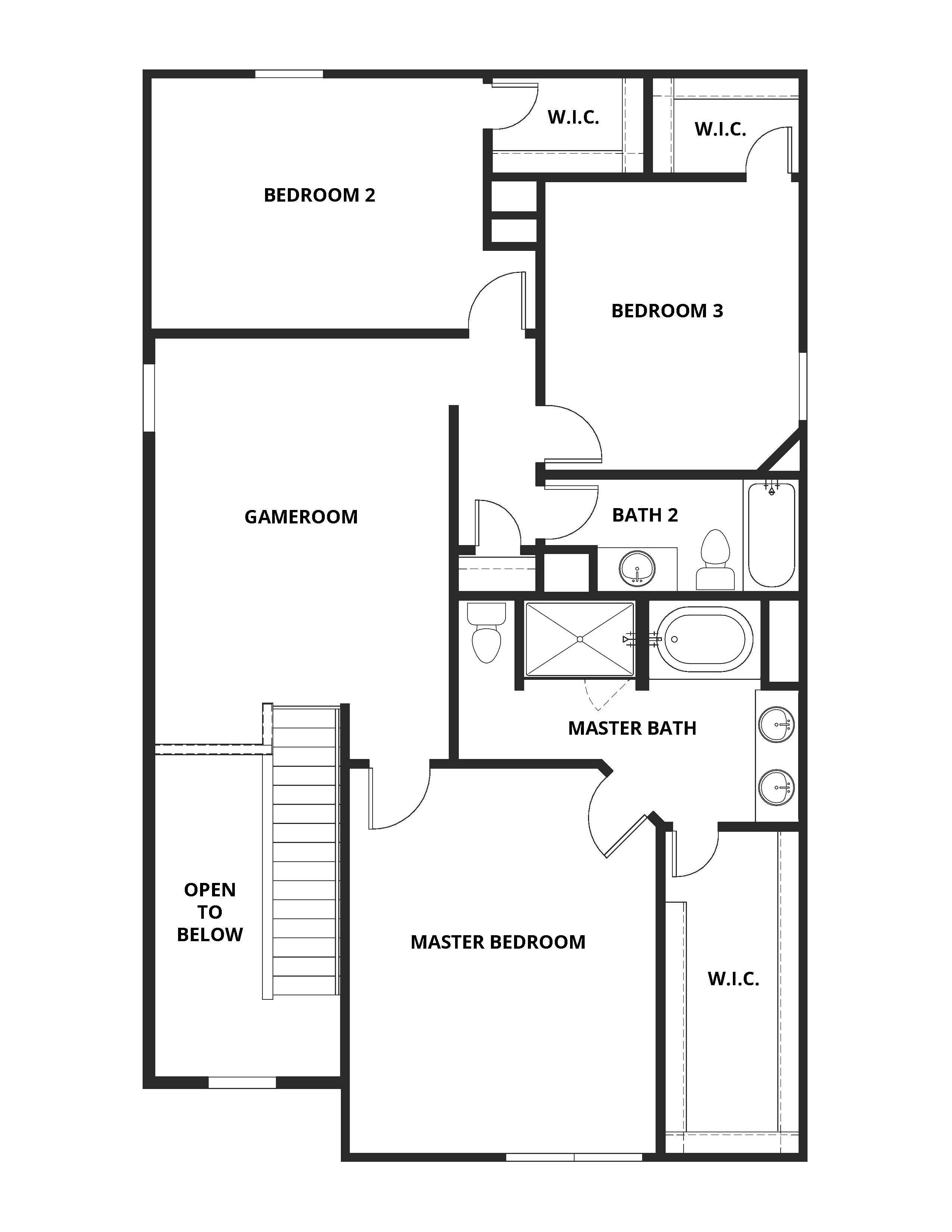 The second floor of the Rockcress has three bedrooms, two bathrooms, and a loft gameroom. 