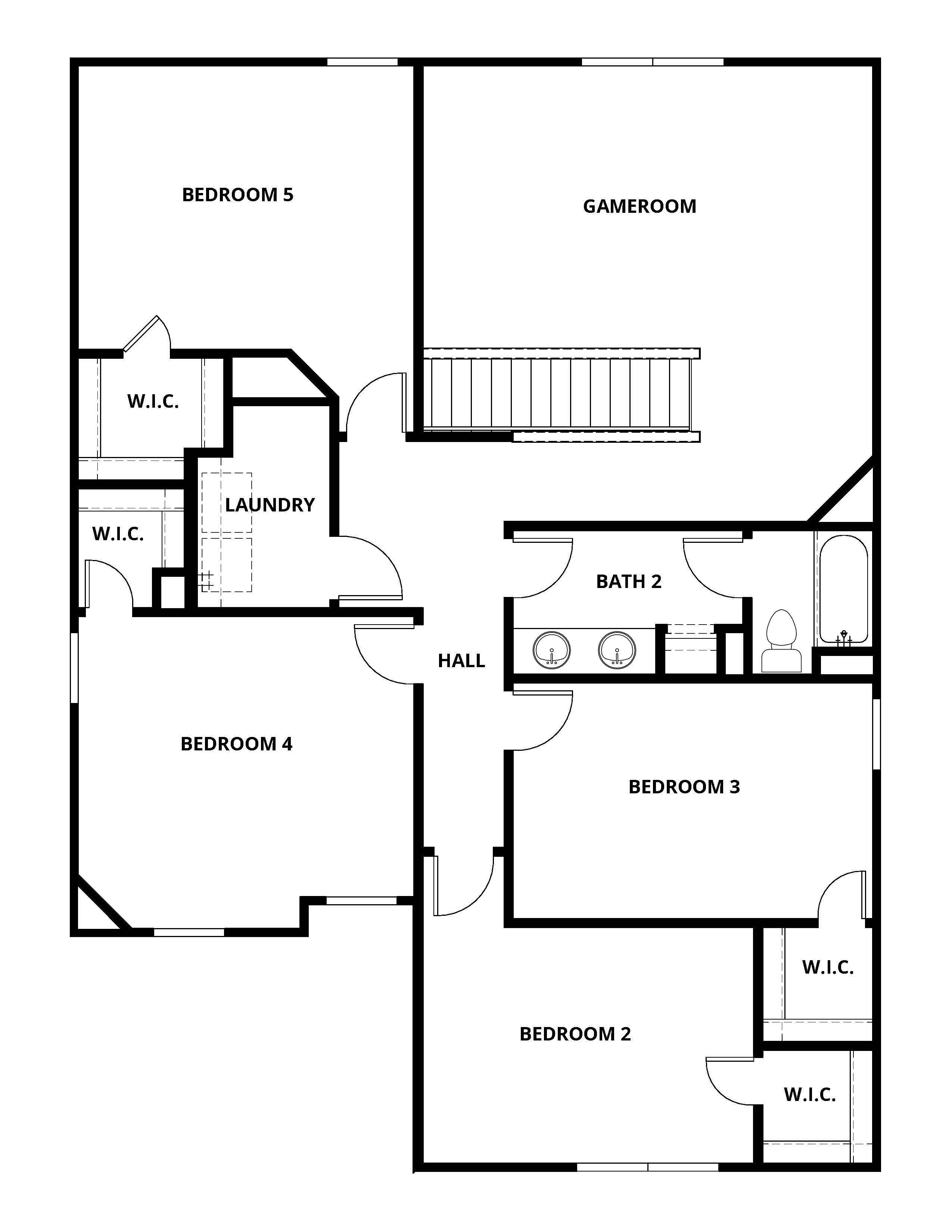 The second floor of the Cottonwood has a versatile loft and four secondary bedrooms. 