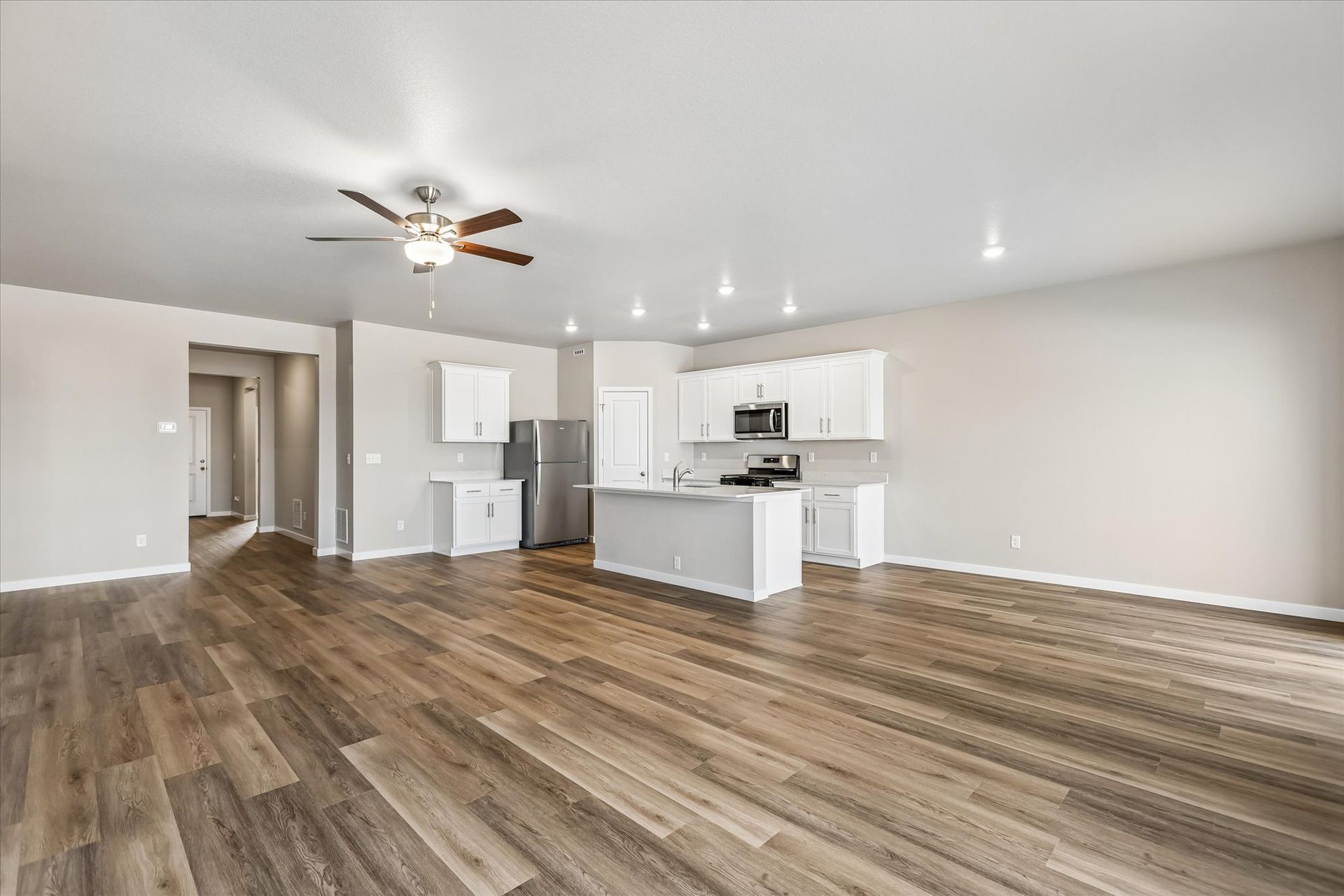 The kitchen in the Pike sits adjacent to the family room.