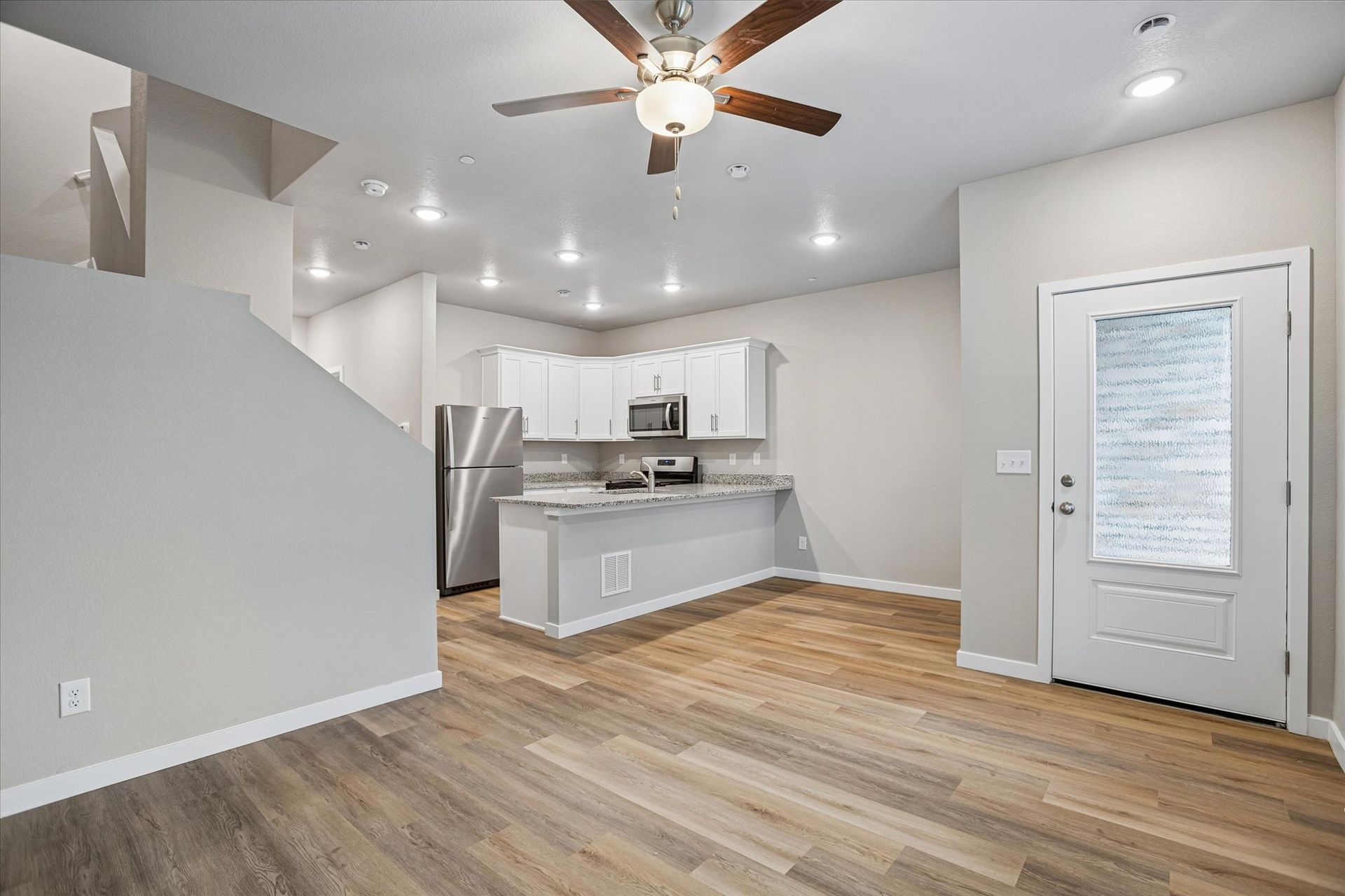 A cozy family room is right off the kitchen.