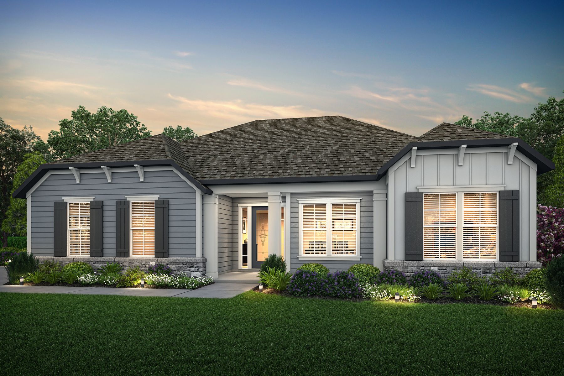 The Albany plan by Terrata Homes has a charming exterior with window shutters, lush landscaping and more!