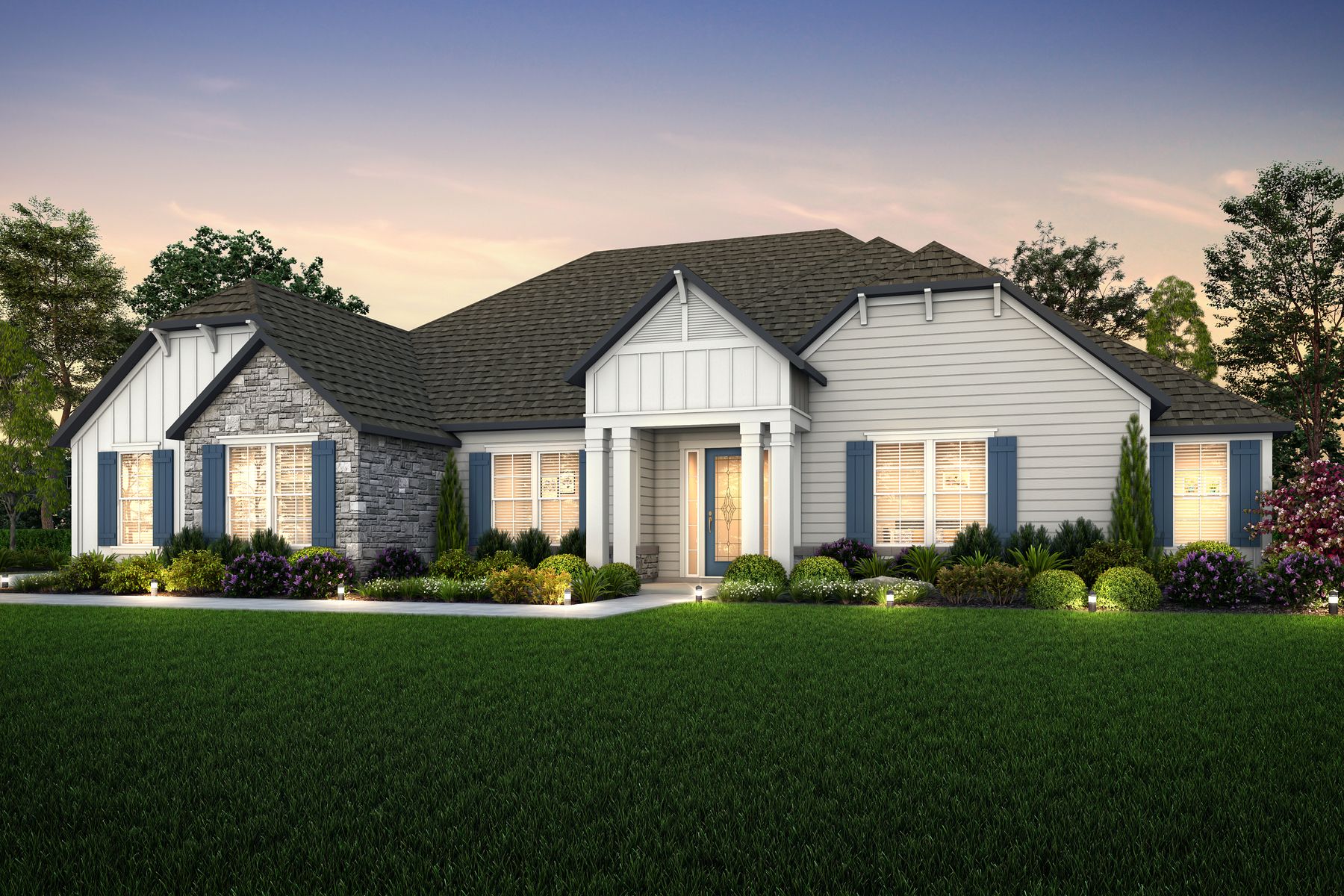 The Mantle plan showcases a stunning exterior with a decadent front entry way and lush landscaping.