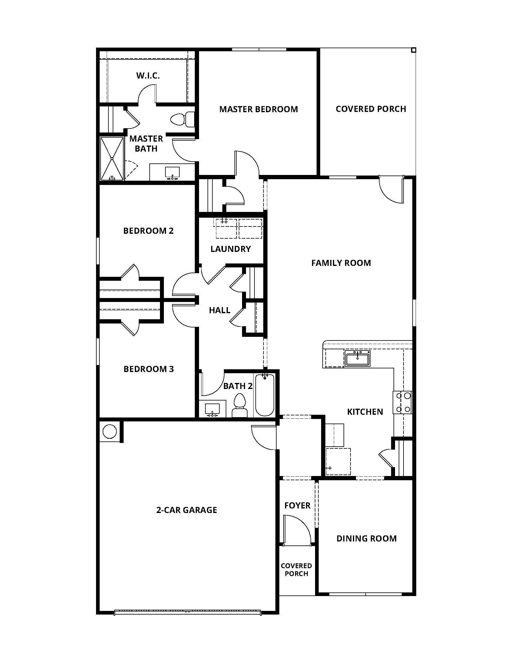 A single-story plan with a spacious family room and covered back patio