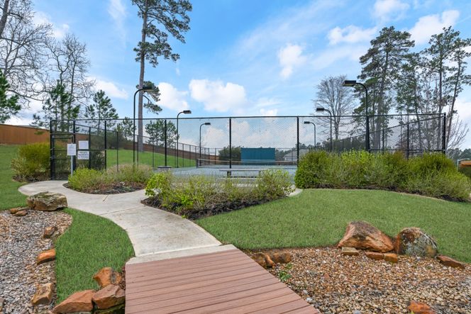 Community tennis court that is gated and surrounded by greenery