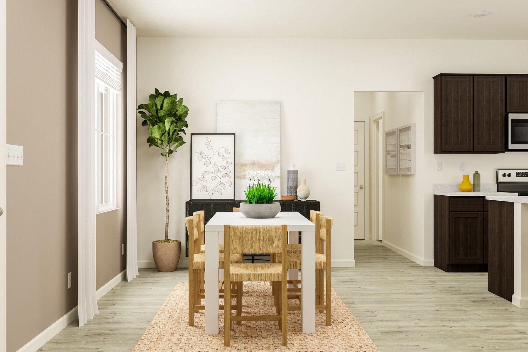 The large dining area is located adjacent to the kitchen.