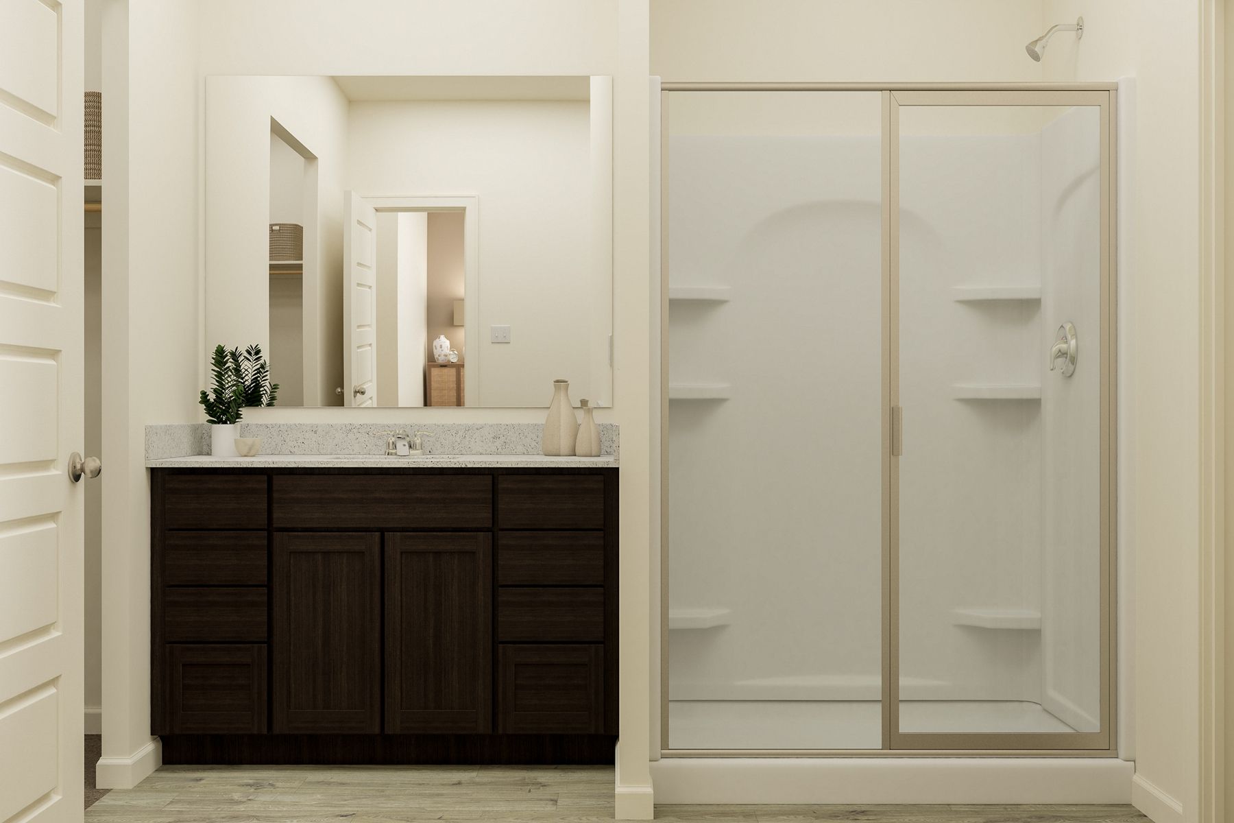The master bathroom is an abundance of storage space in the vanity.