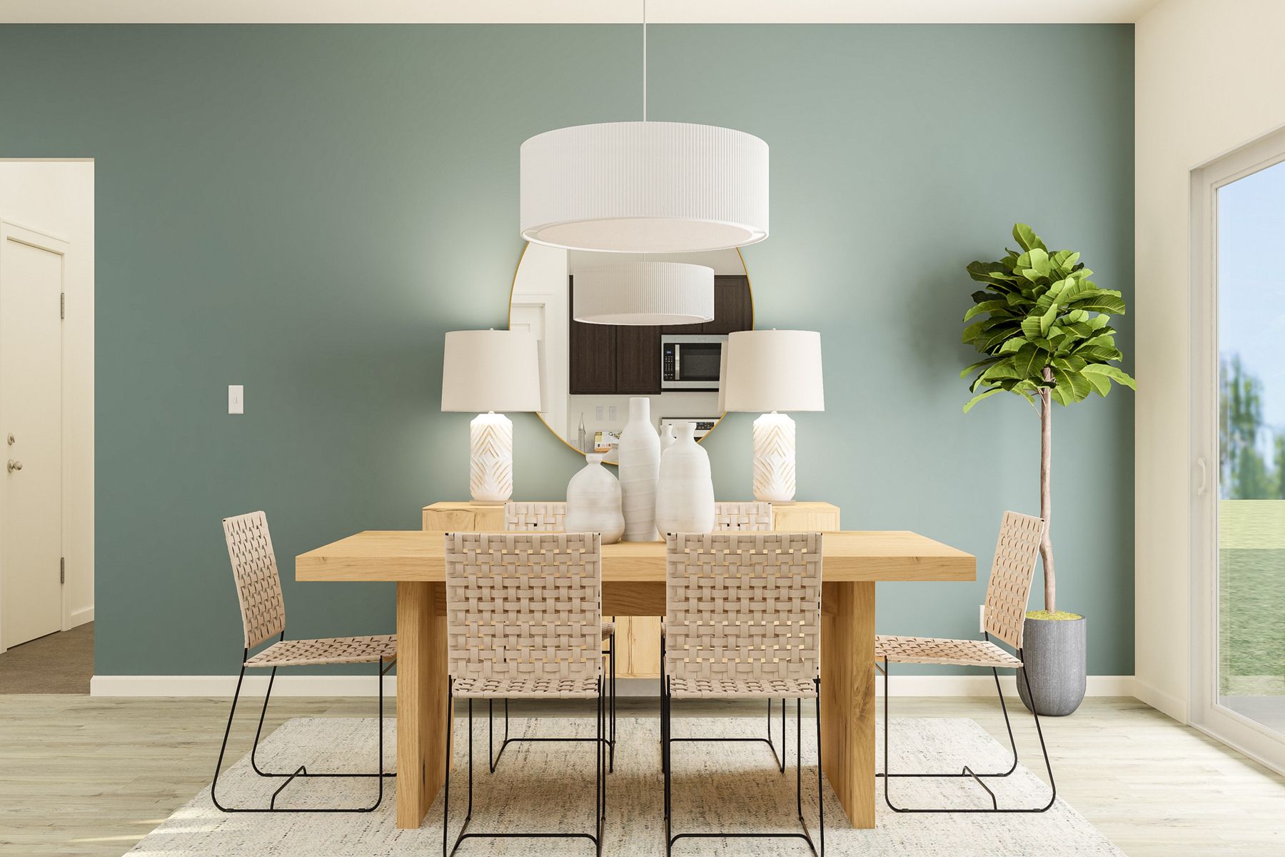 The large dining area is located adjacent to the kitchen.