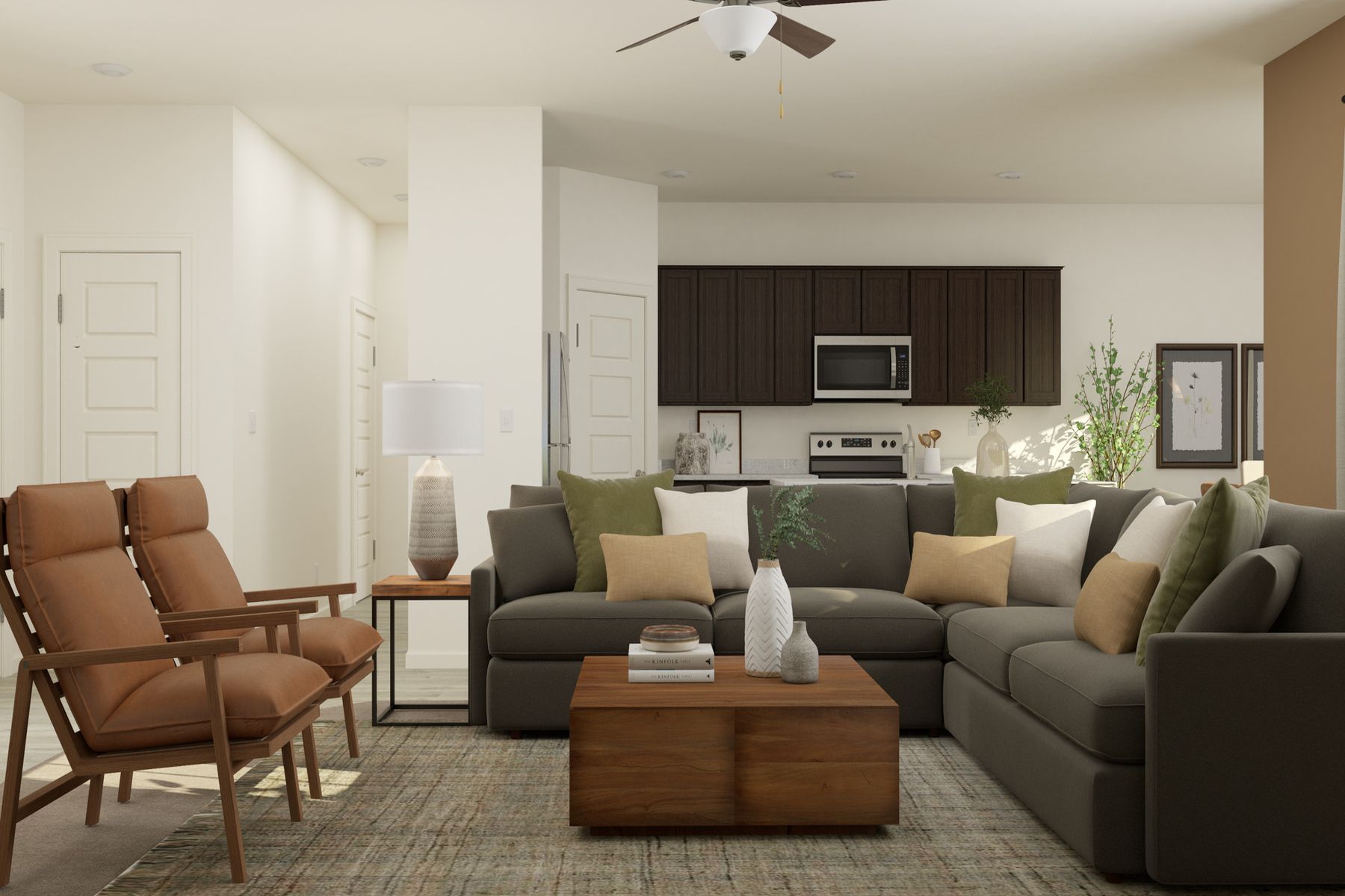 The kitchen has beautiful granite countertops and plank flooring.