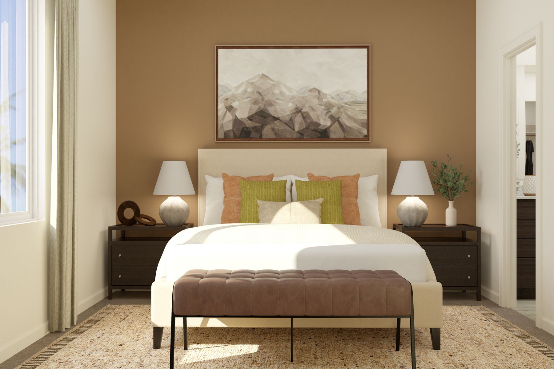 A master bedroom with an accent wall