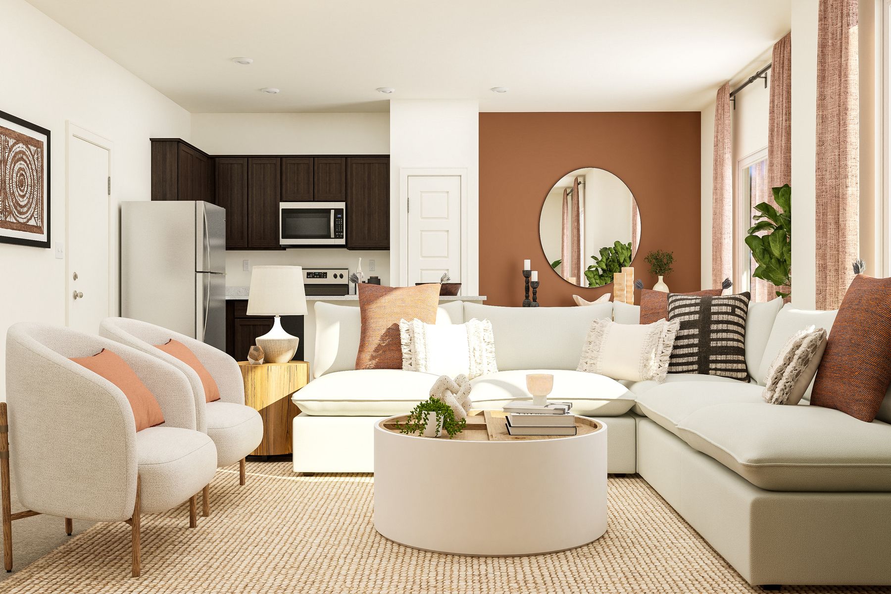 An open layout with a family room looking into the kitchen and dining room