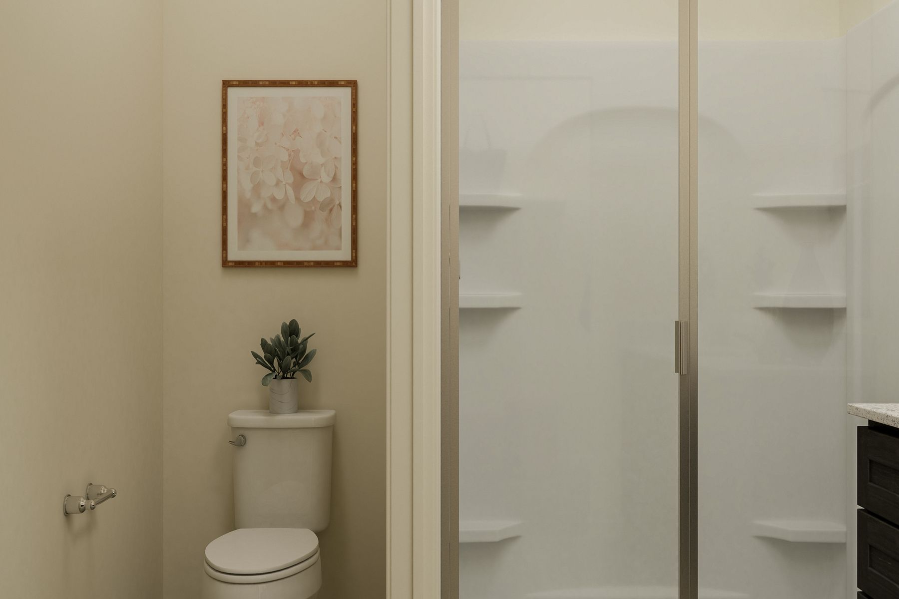 Inside the en-suite master bathroom, you'll find a step in shower and a large vanity!