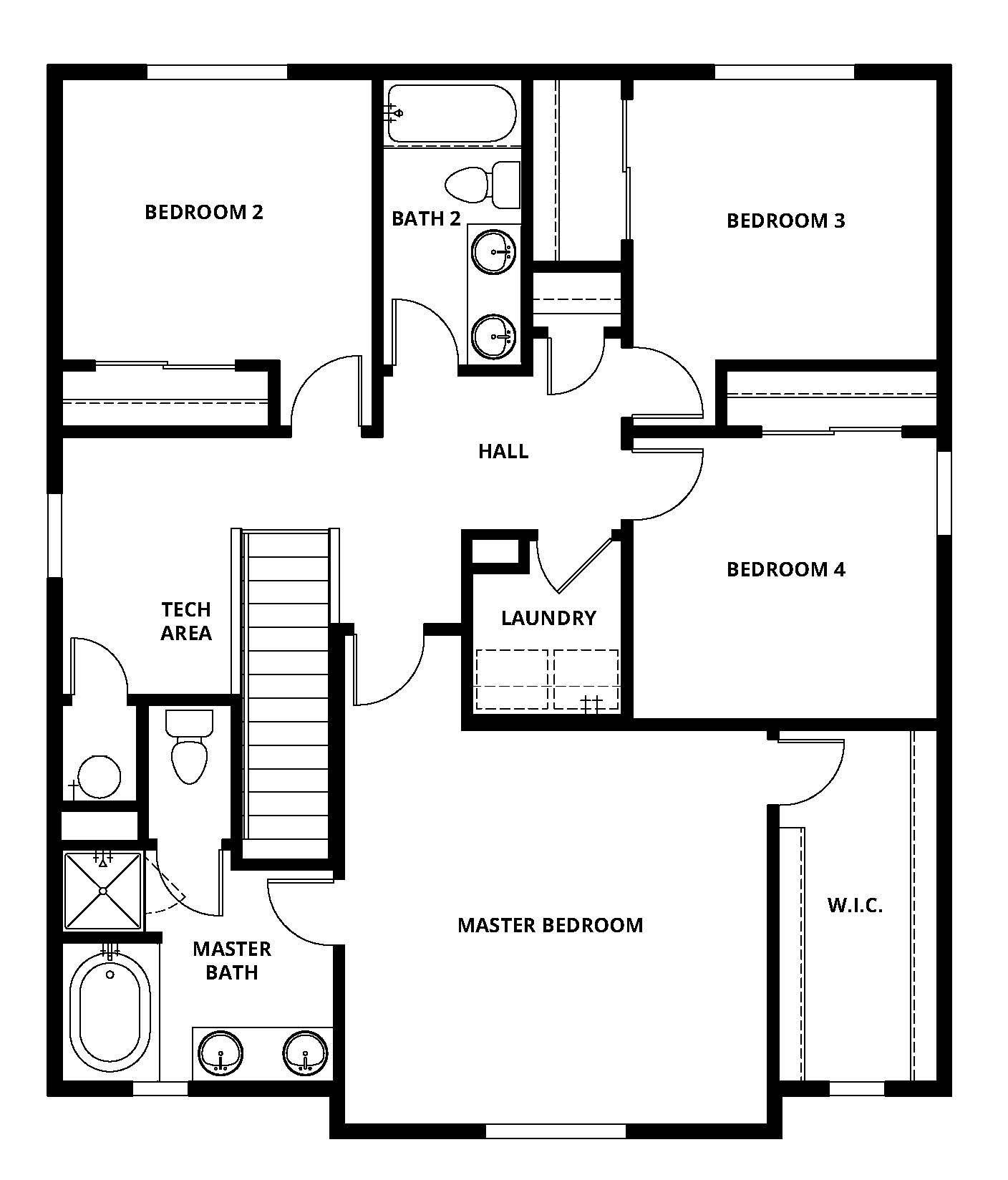 The second floor of the Laramie has the bedrooms and a tech area.