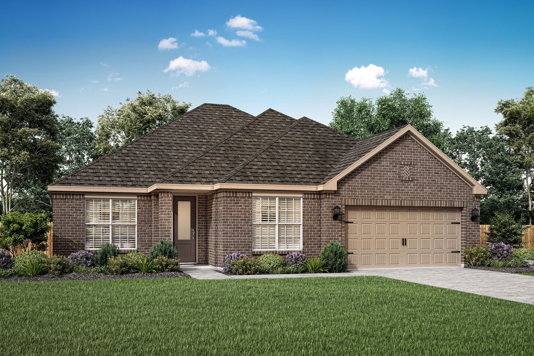 Single-story home with brick and front yard landscaping.