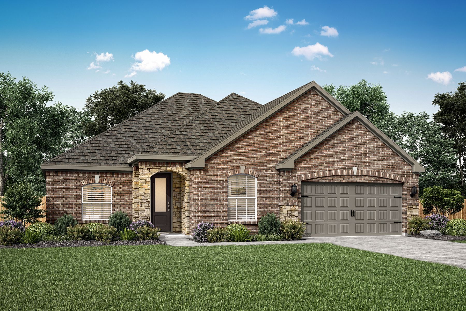 Single-story home with brick and front yard landscaping.