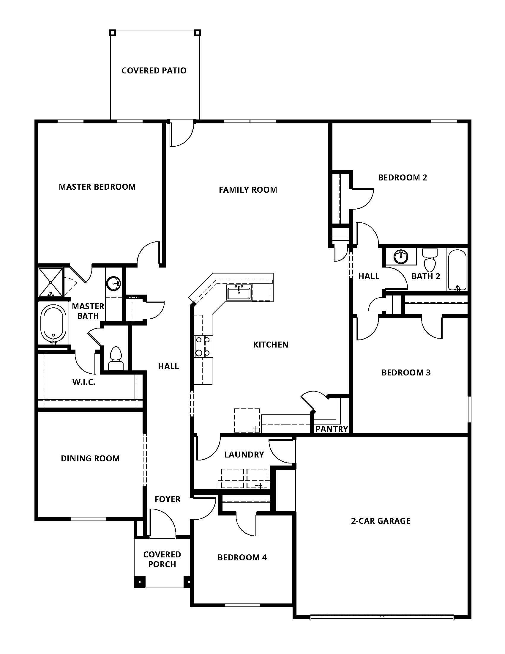 Single story home with a spacious family room and covered porch and patio