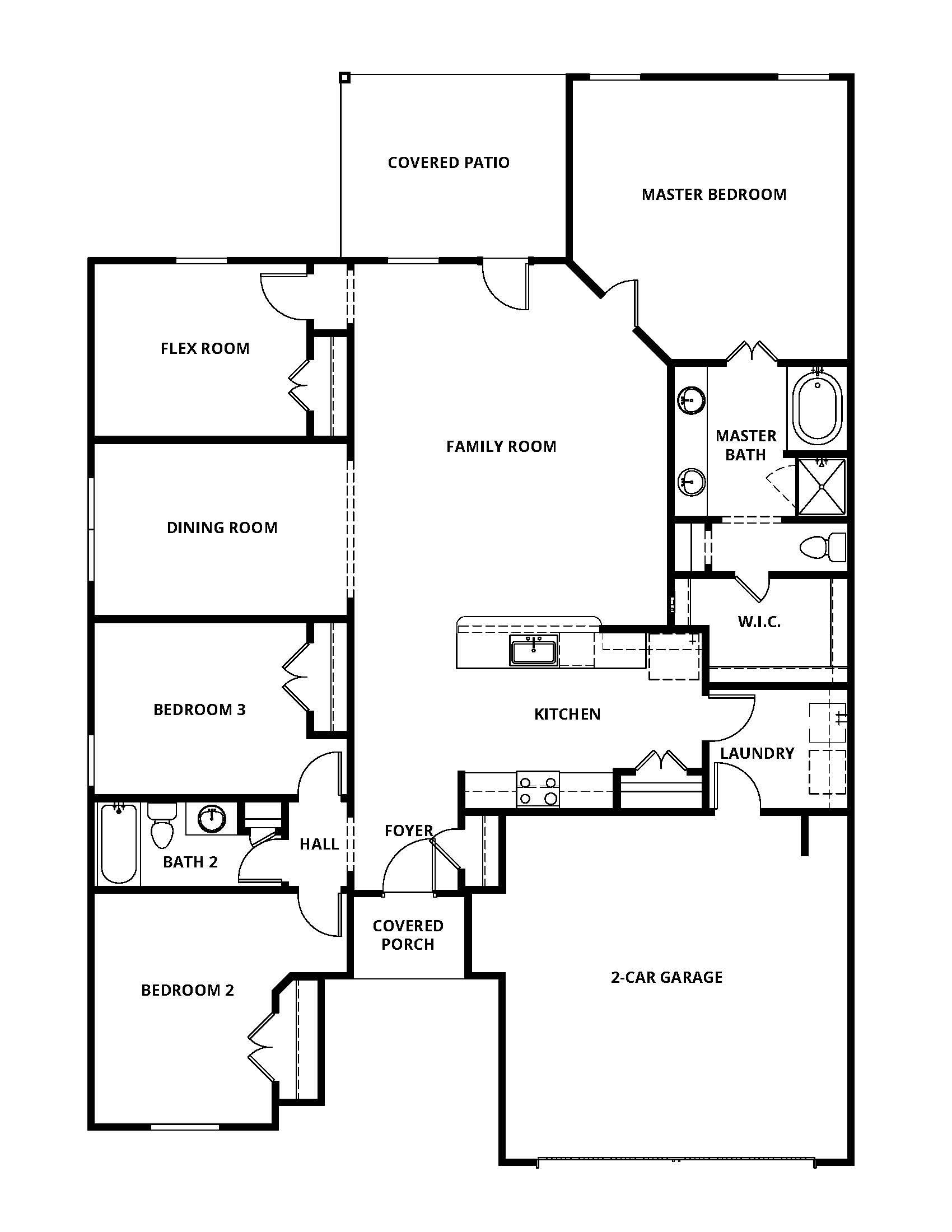 Single-story plan with a spacious family room and covered porch and patio