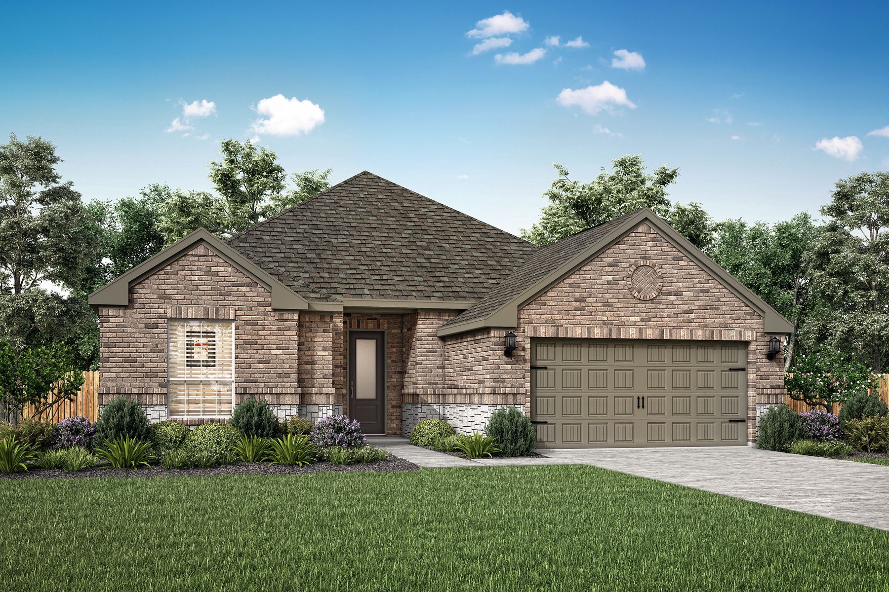 Single-story home with brick and stone and front yard landscaping