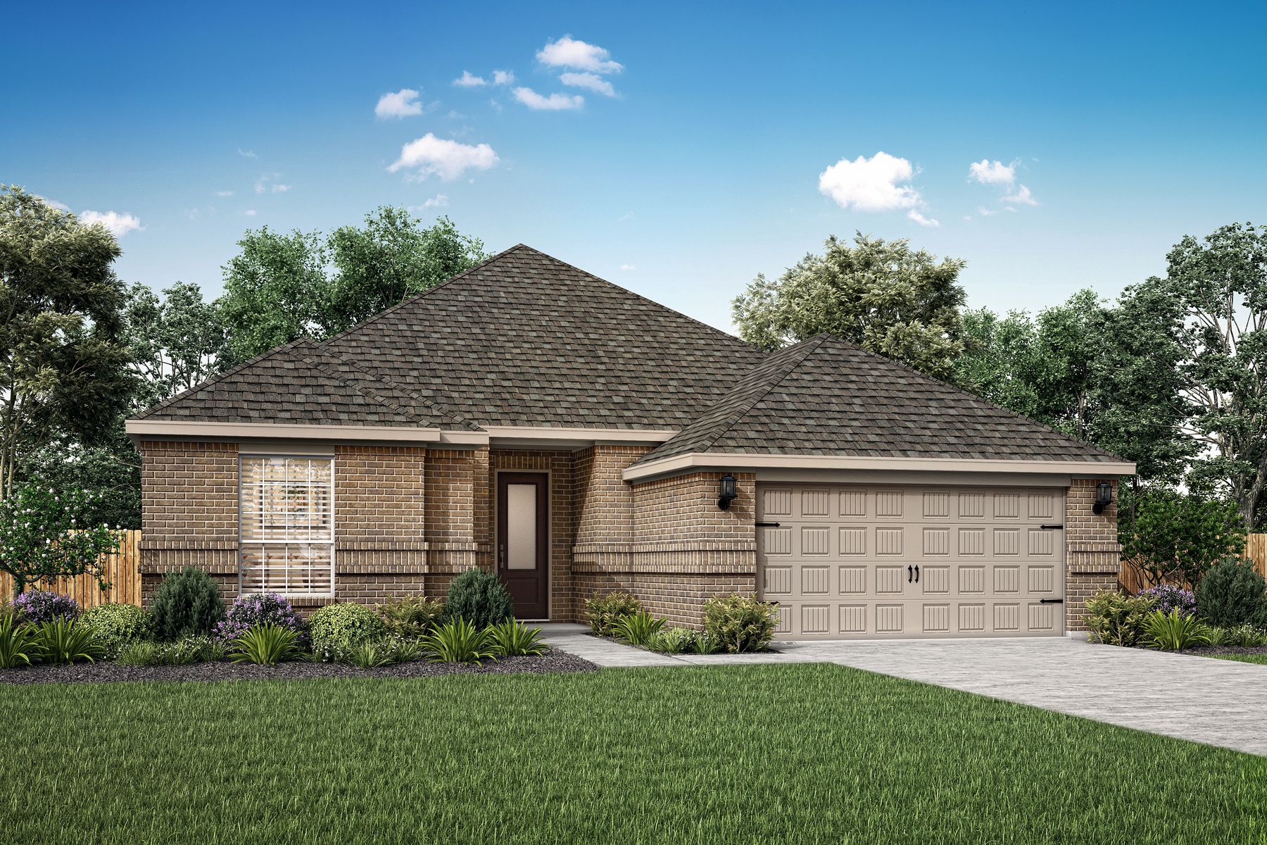 Single-story home with brick and front yard landscaping